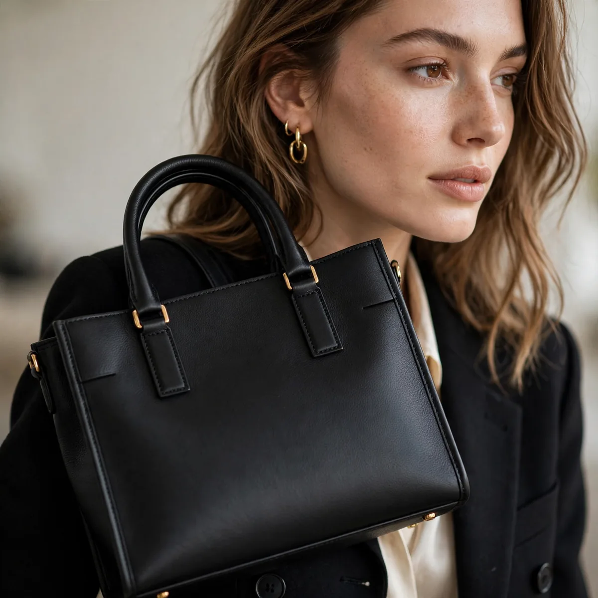 Structured black leather tote