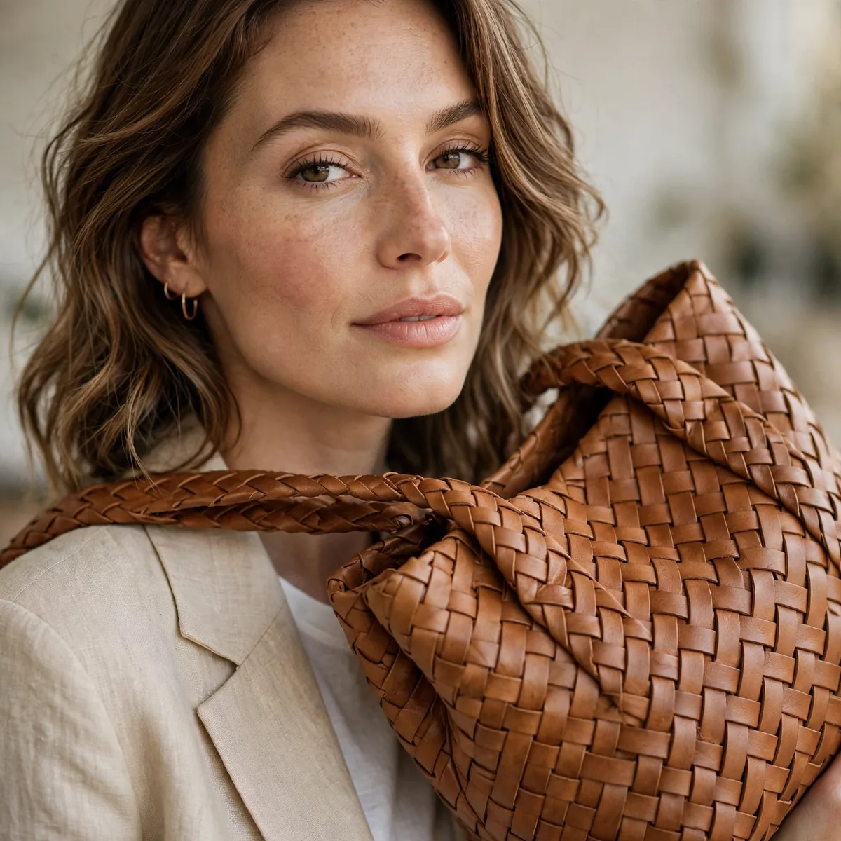 Woven leather tote bag
