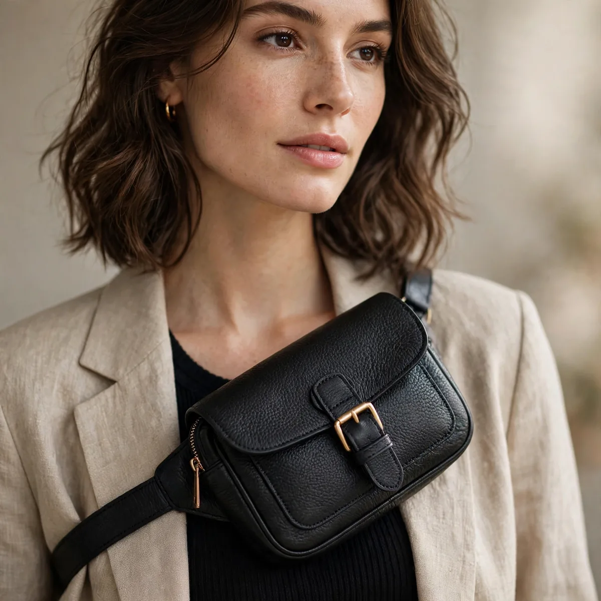 Leather belt bag worn crossbody