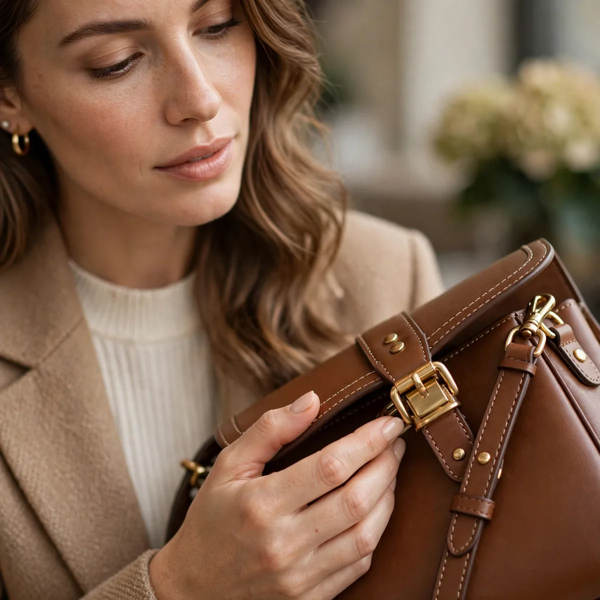 Handbag hardware and stitching detail