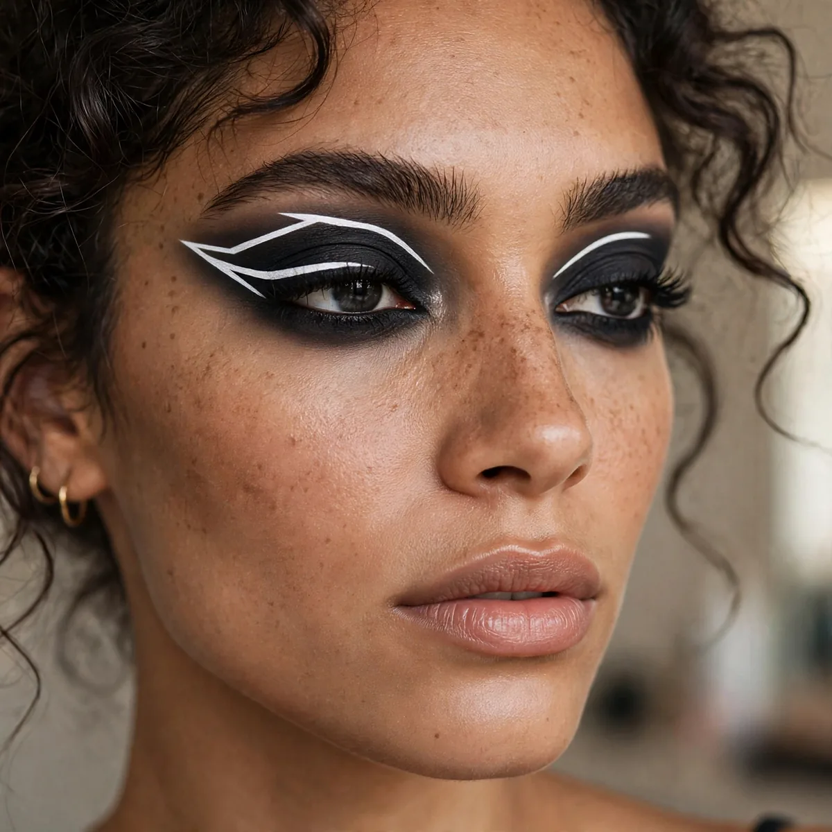 Woman with bold white graphic eyeliner on dark smokey eyes