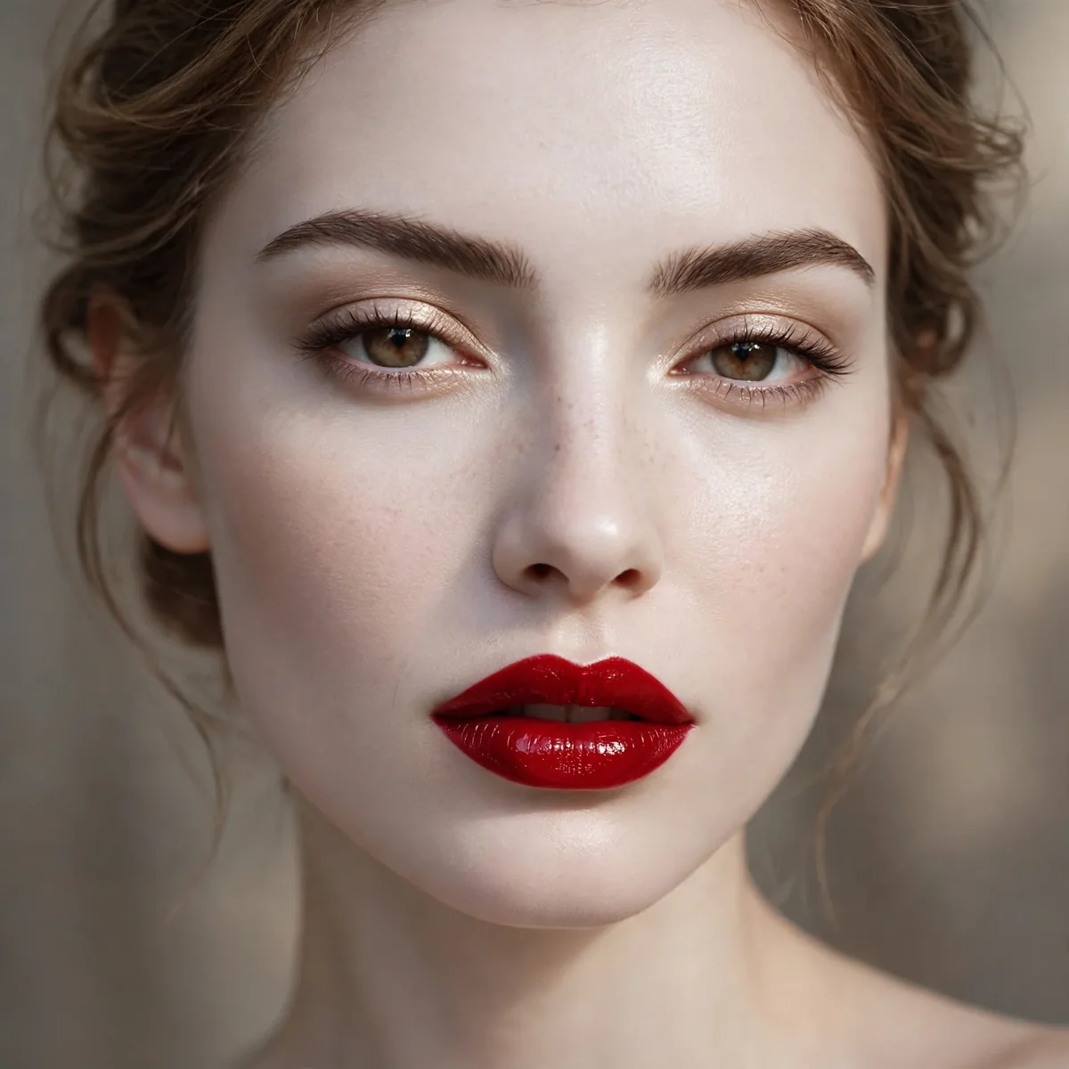 Woman with blood red lips and flawless porcelain pale skin