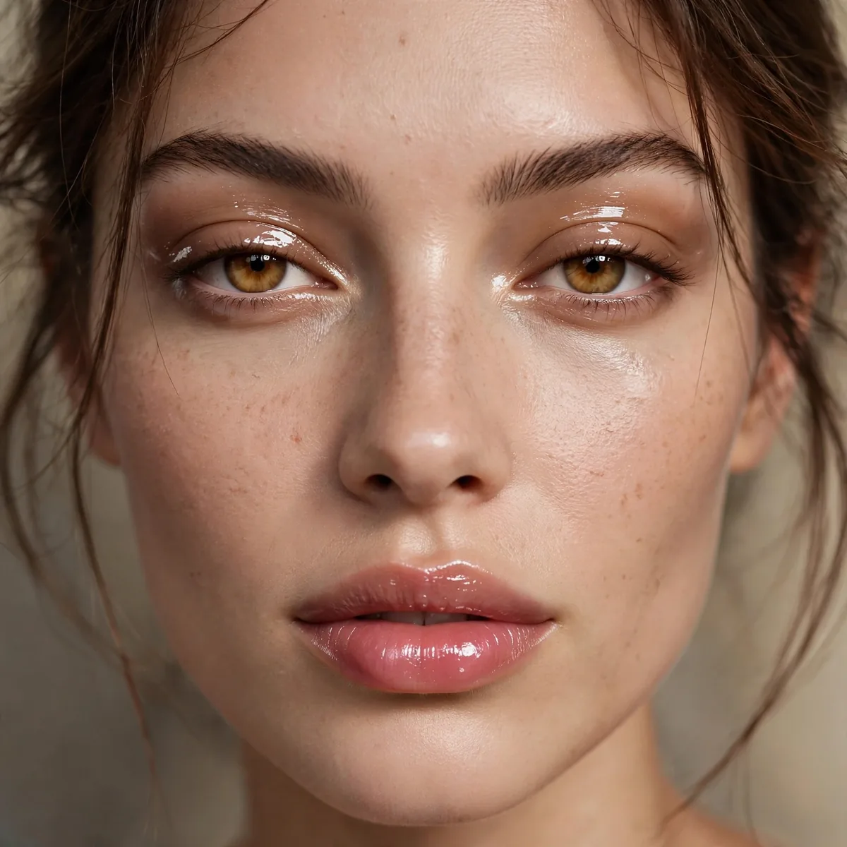 Woman with matte skin contrasted by glossy lids and lips