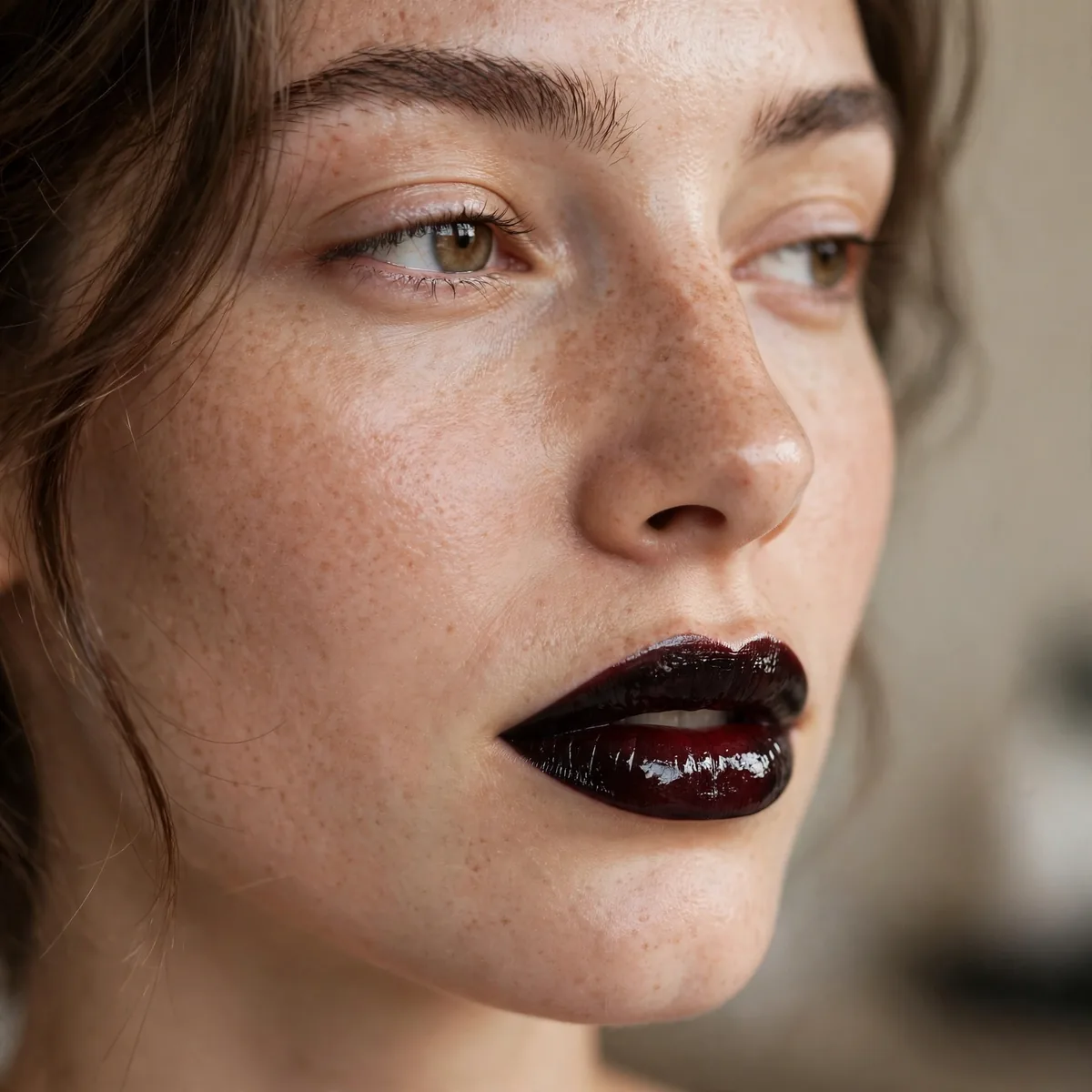 Woman with glossy black cherry lips and minimal fresh makeup