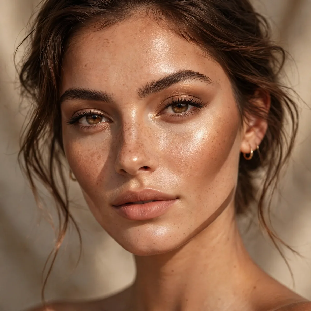 Woman with sun-kissed glow combined with sharp snatched contour