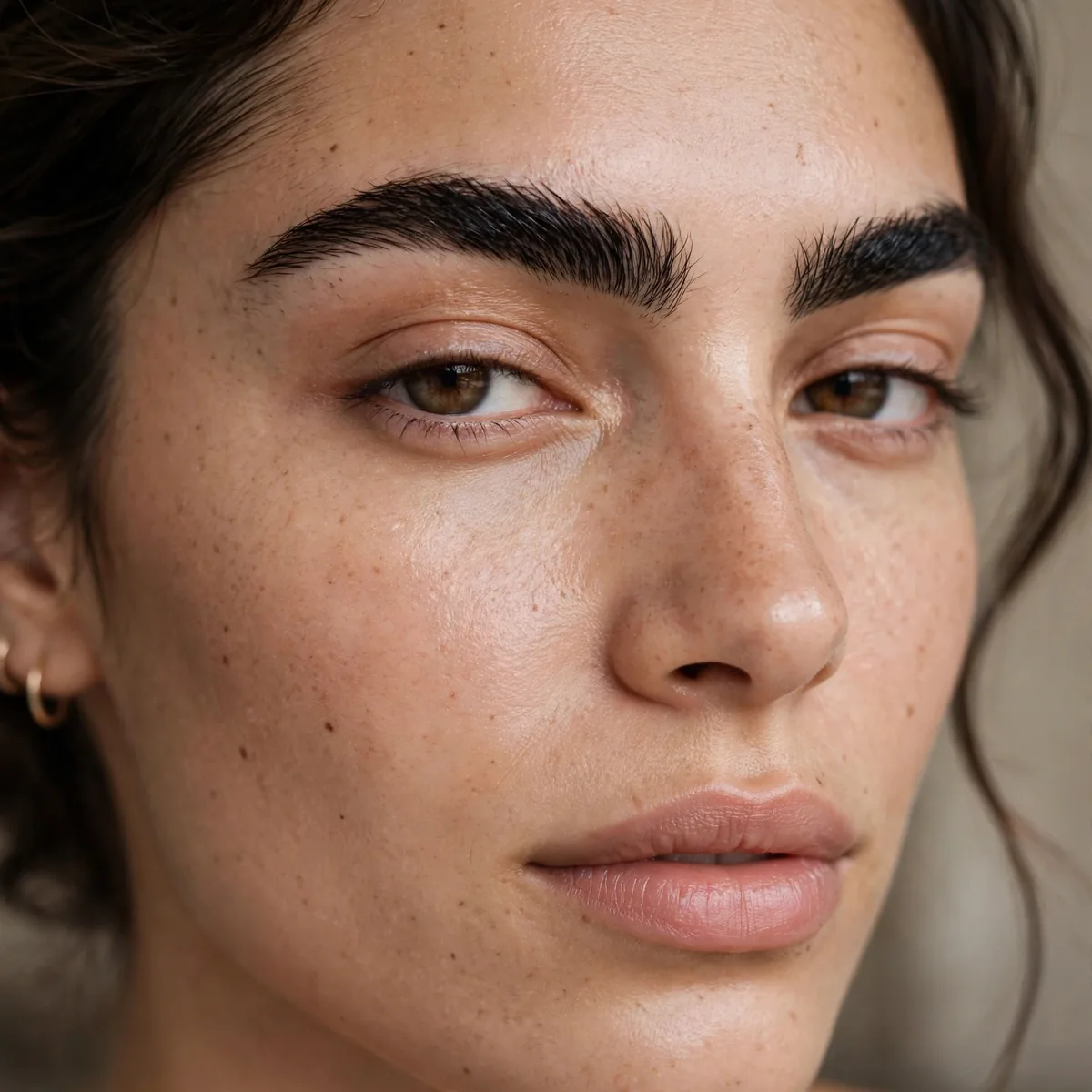Woman with bold dark brows and otherwise bare minimal eyes