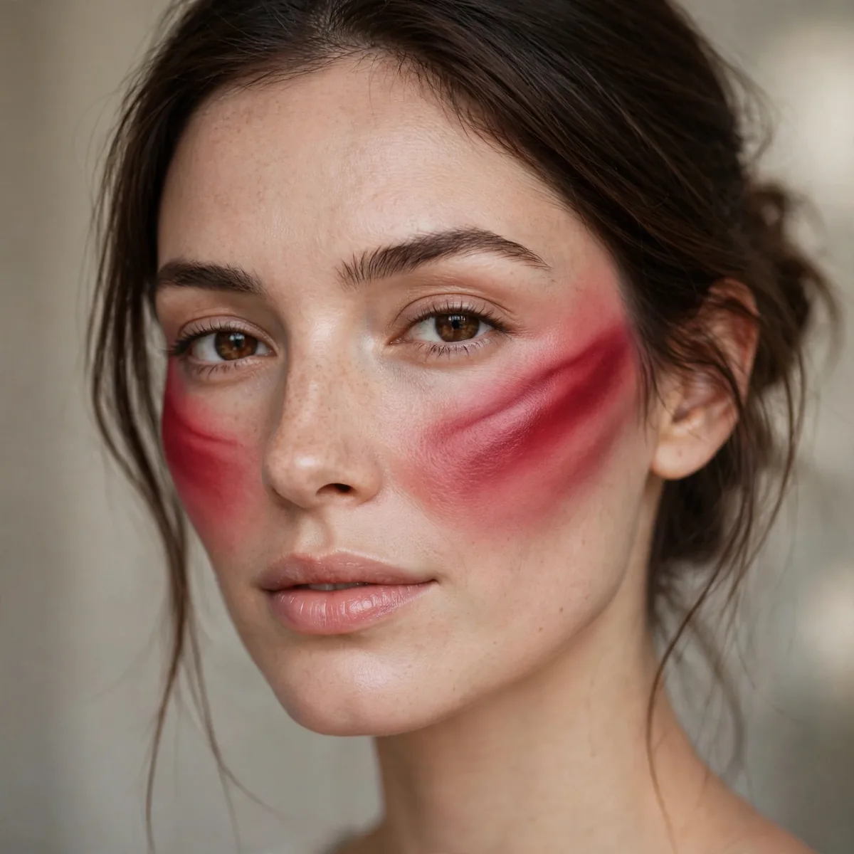 Woman with bold crimson blush draped dramatically across cheeks