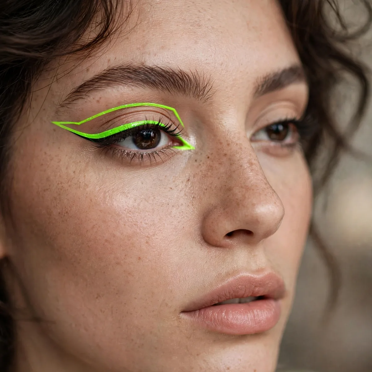 Woman with a neon green graphic eyeliner line