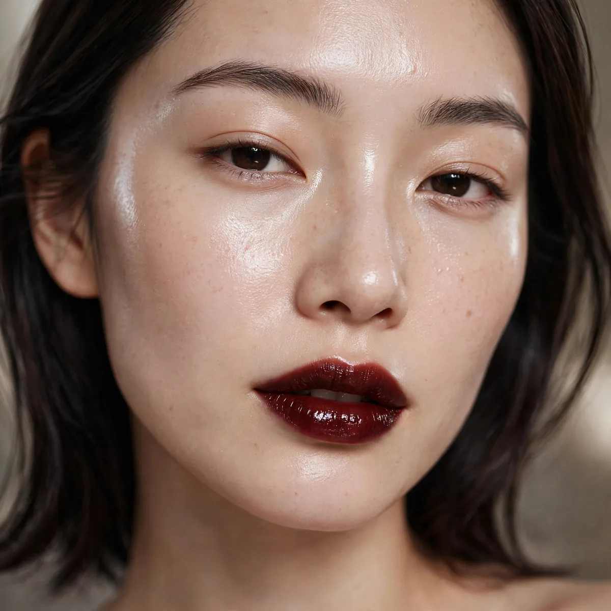 Woman with dark cherry stained lips and glass-like luminous skin
