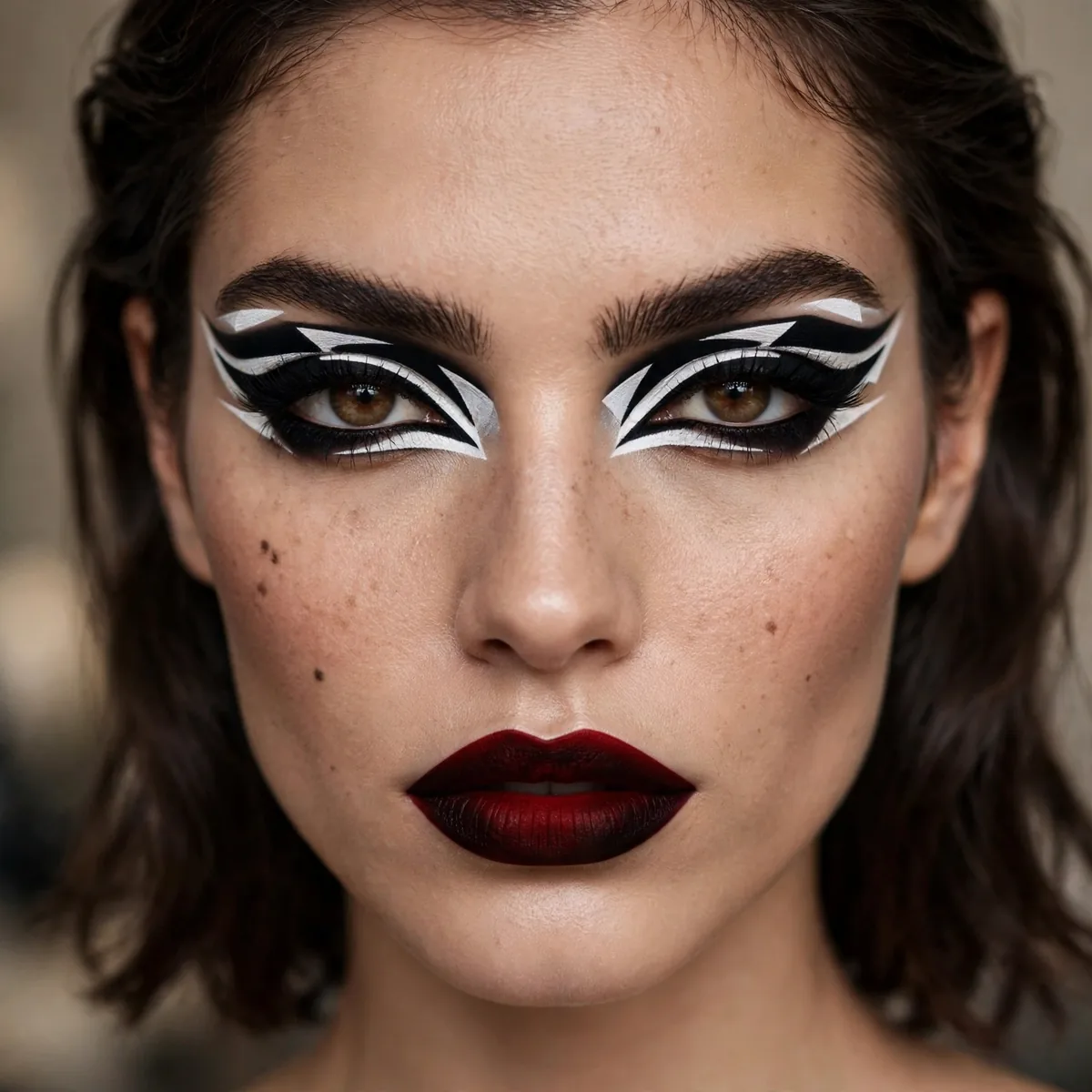 Woman with ultimate high-contrast makeup combining bold lips and graphic eyes