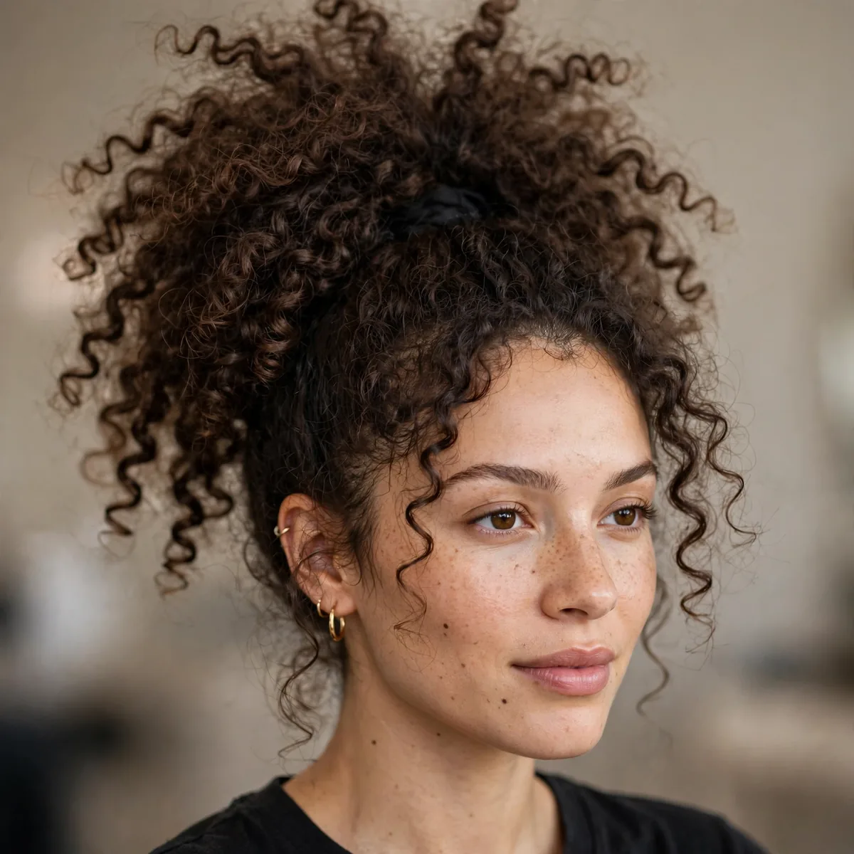 High ponytail on natural curly hair with volume
