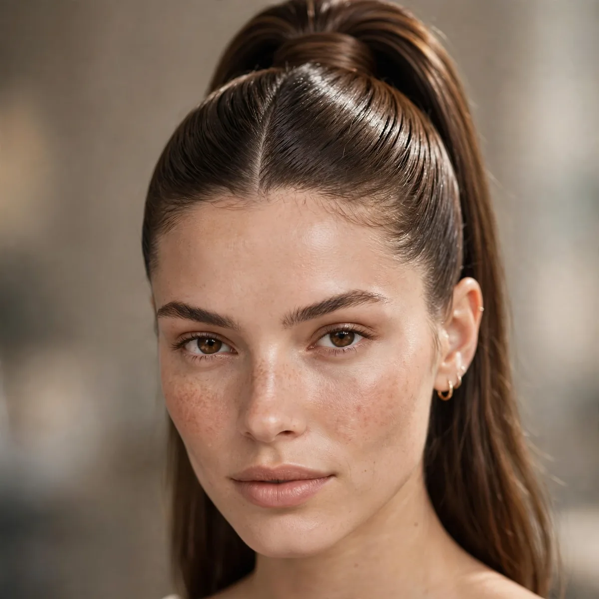 High ponytail with a sleek middle part