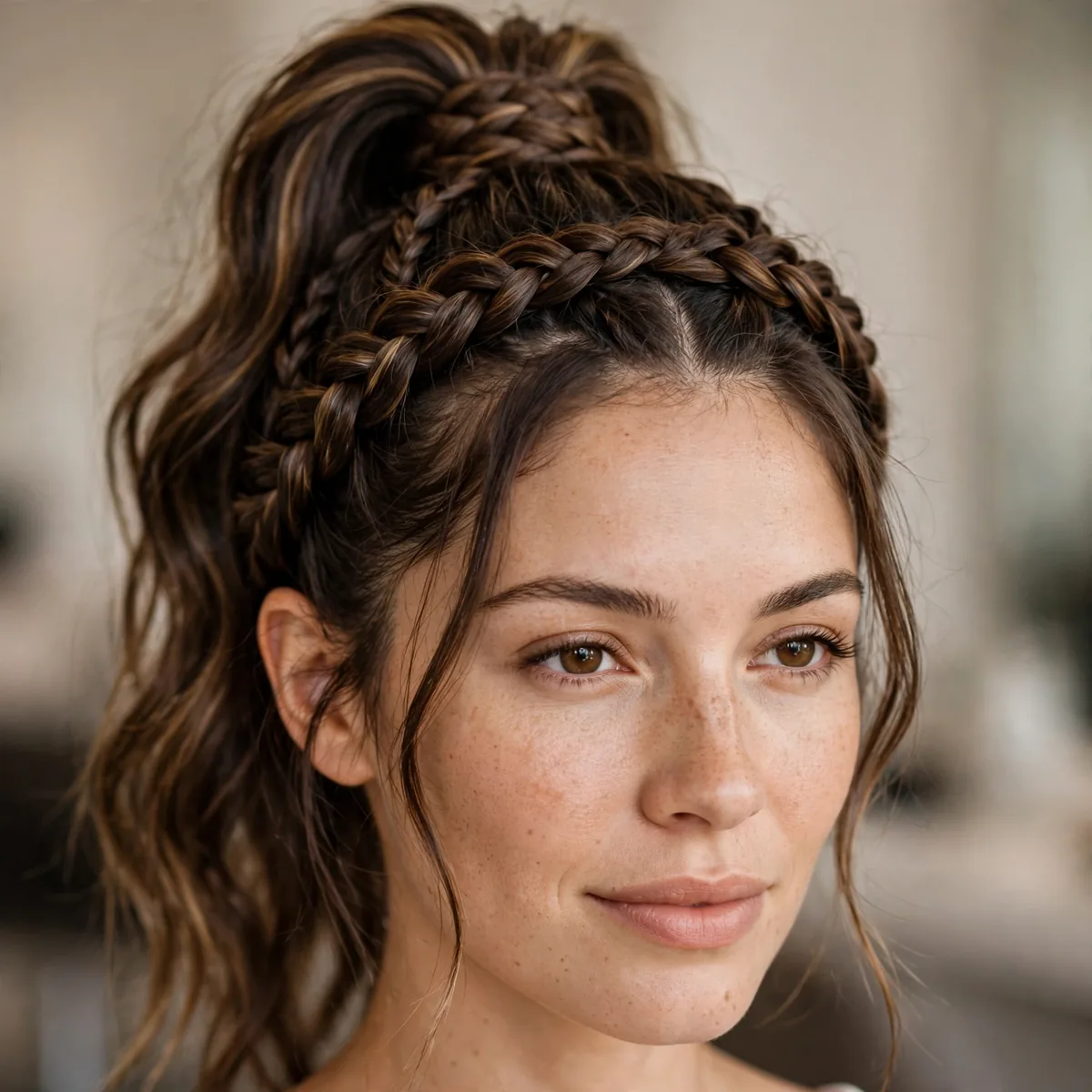 Braided crown feeding into a high ponytail