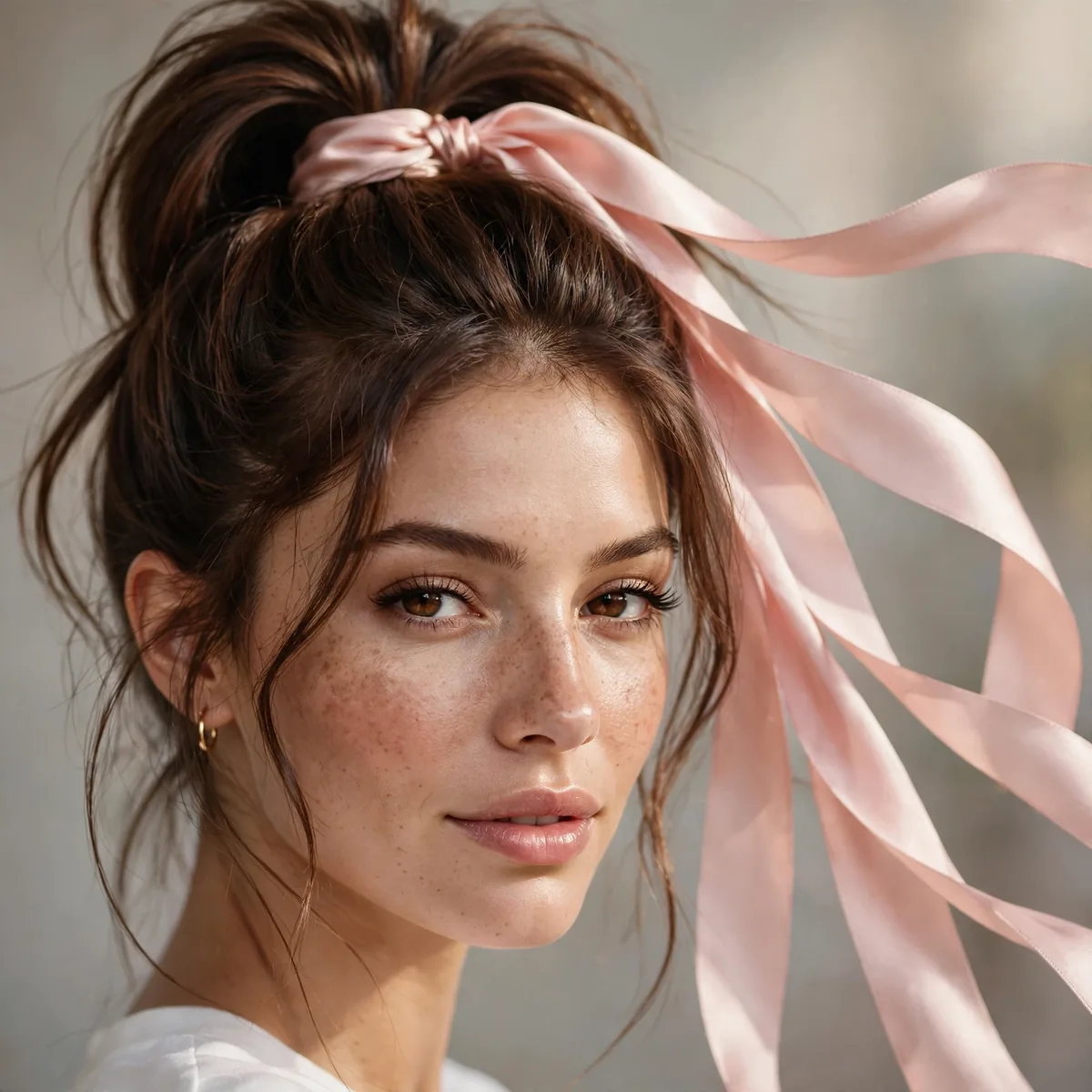 High ponytail tied with a flowing ribbon