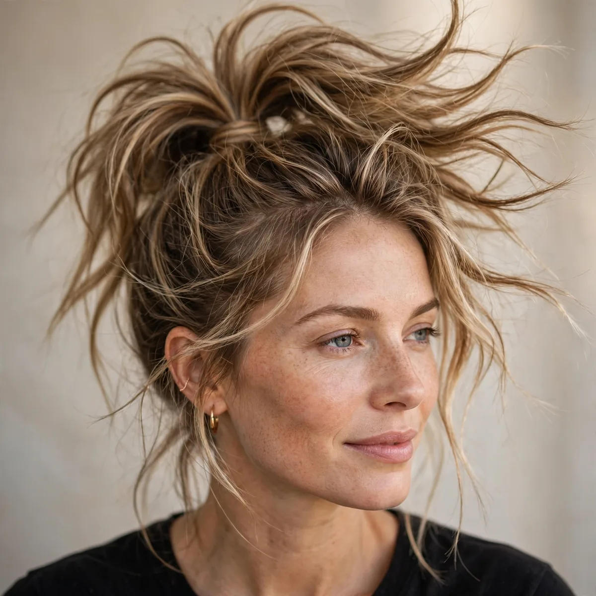 Tousled textured high ponytail with movement
