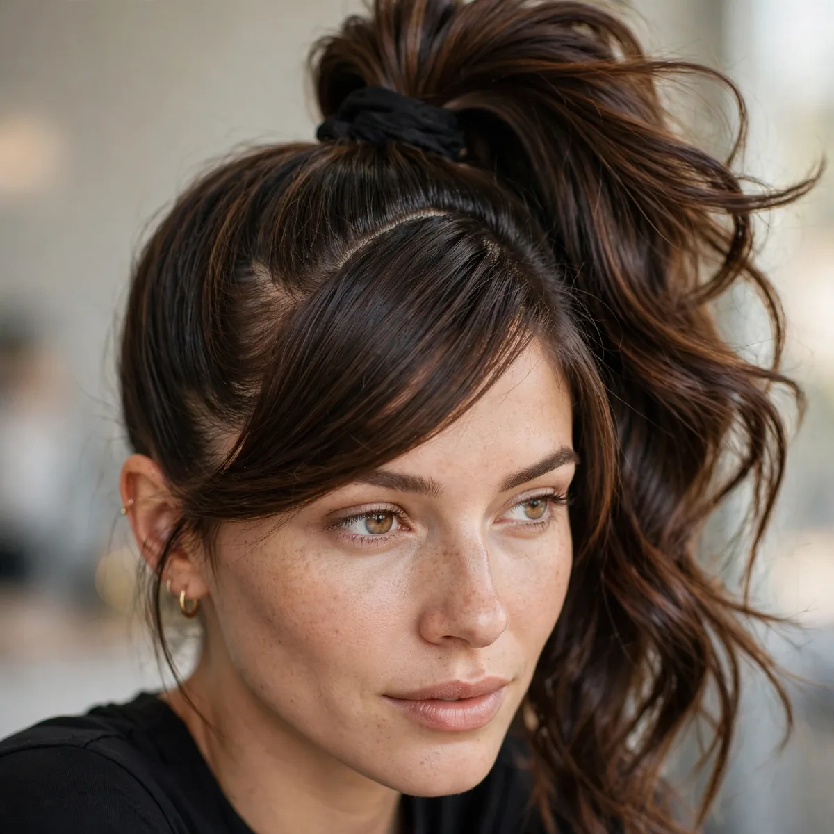 High ponytail with hair swept from a deep side part