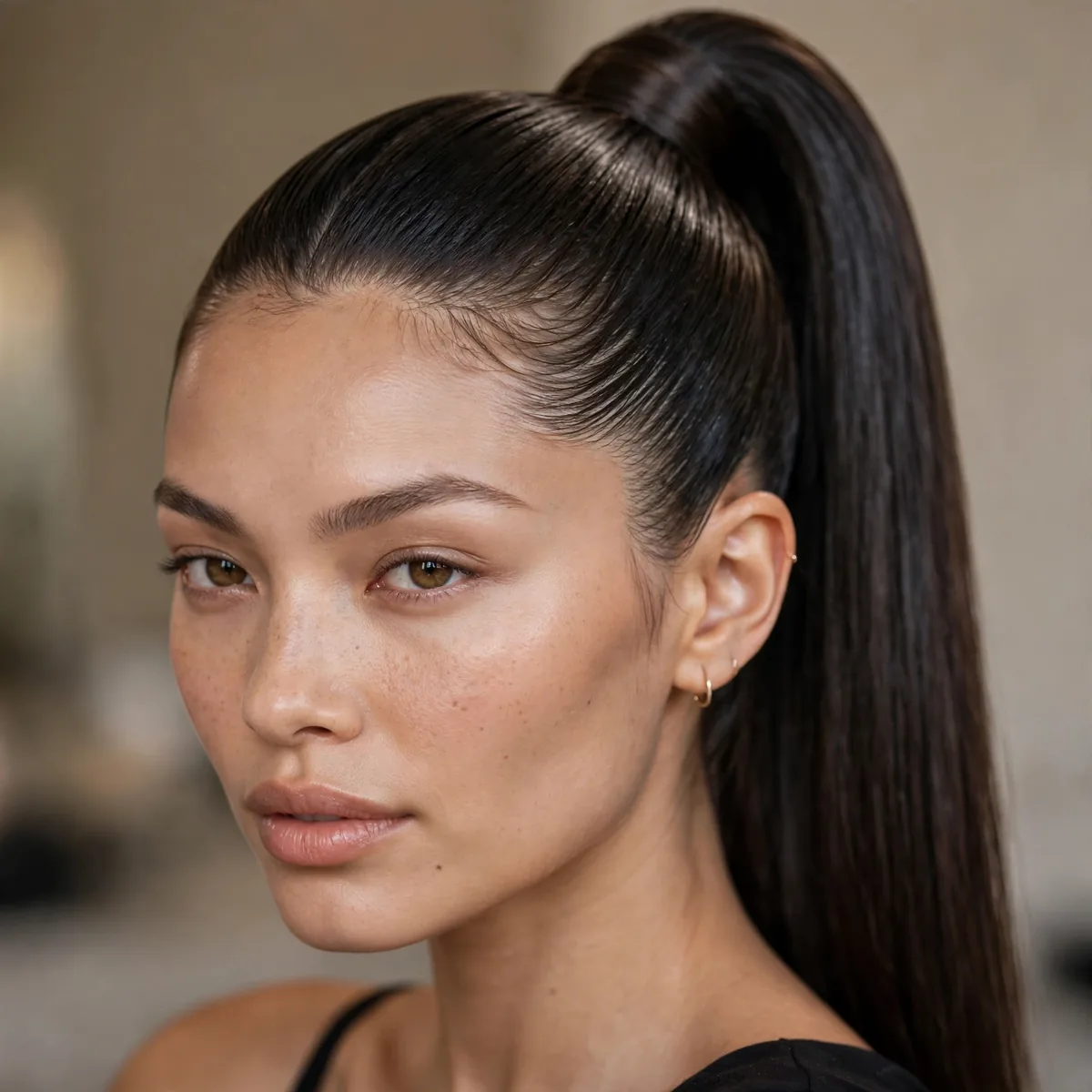 Ultra-sleek snatched high ponytail with sharp lines