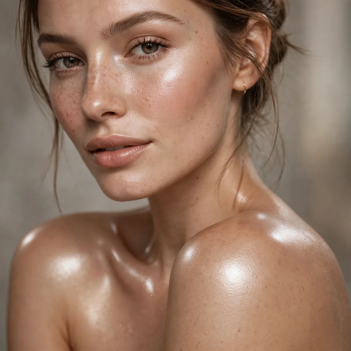 Highlighter sheen on shoulders