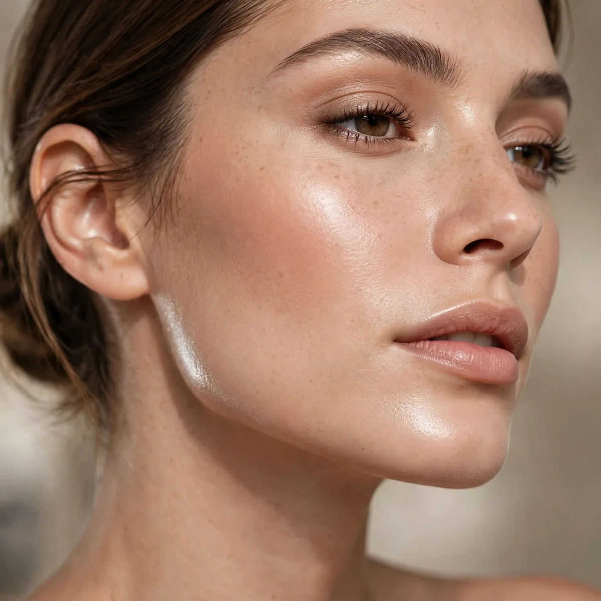 Subtle jawline highlighter sheen