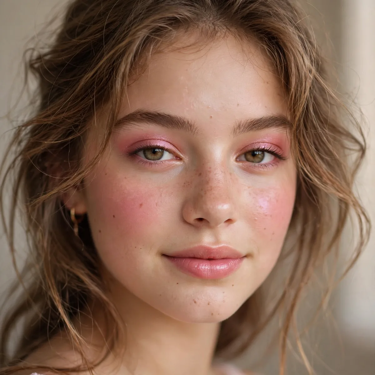 Teen with rosy glowing cheeks and soft pink hoco makeup