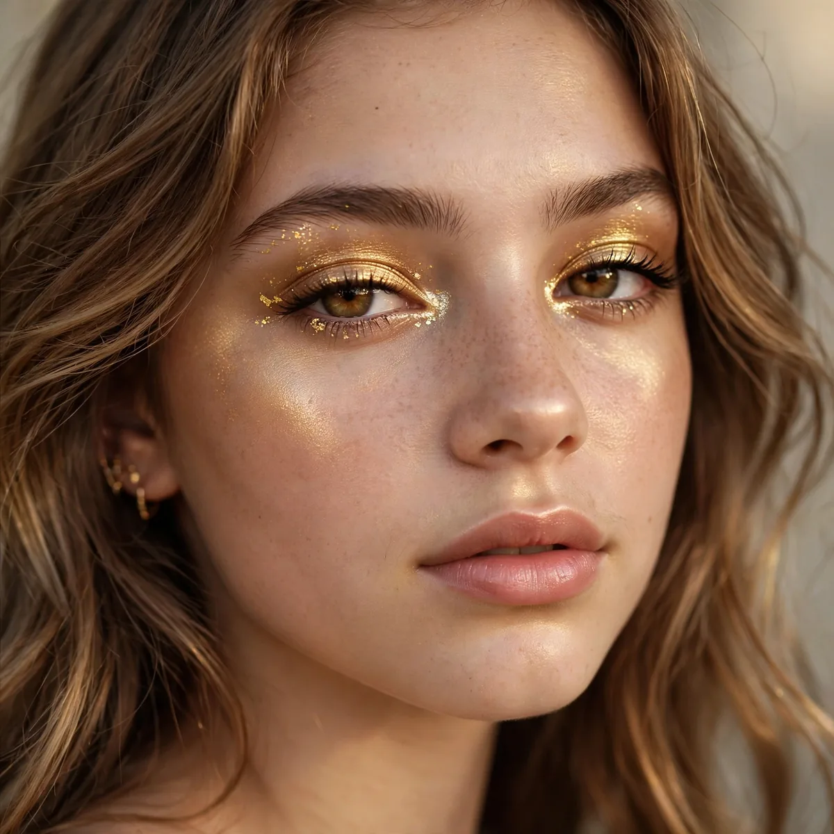 Teen with golden goddess glowing hoco makeup