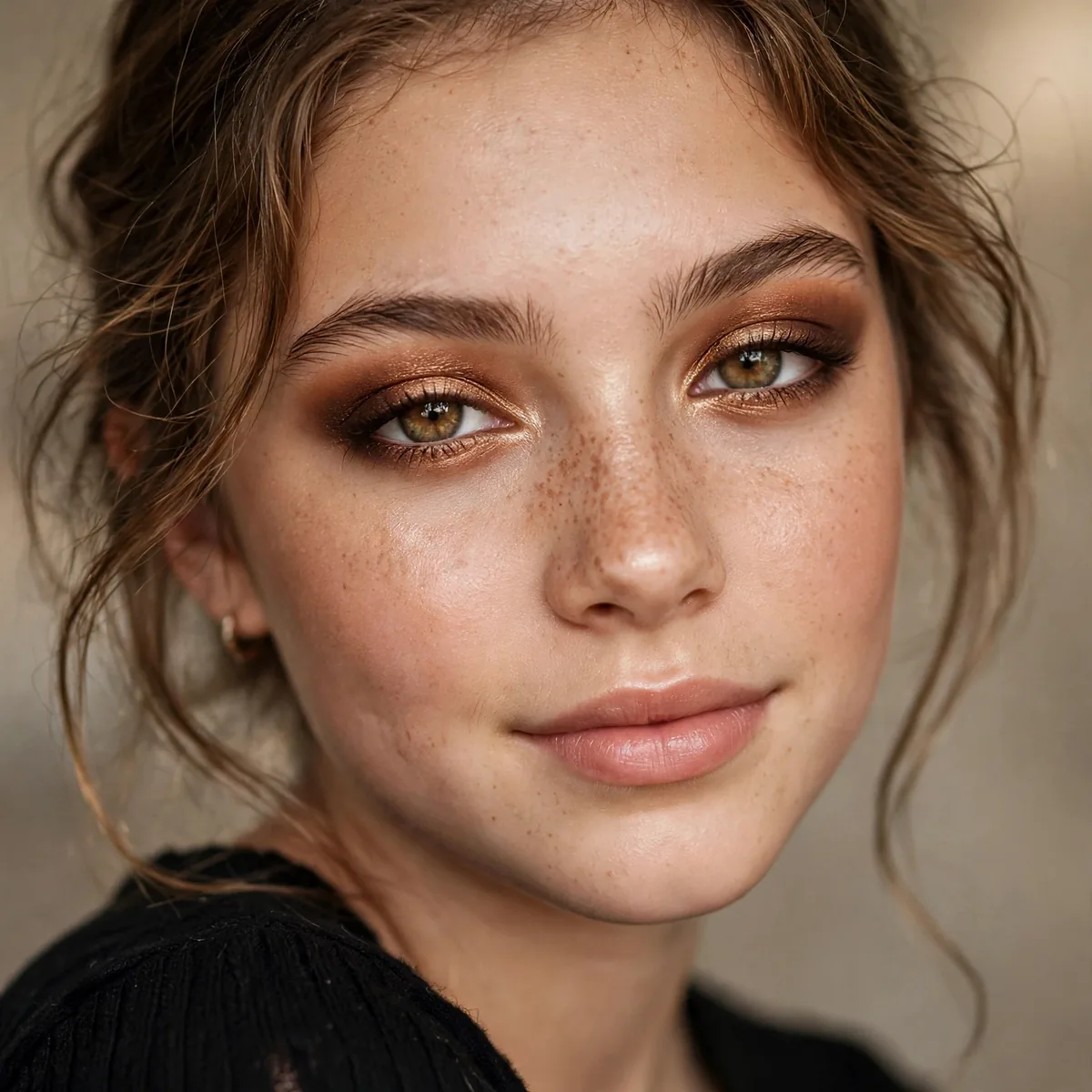 Teen with bronze-toned eye makeup and glowing skin for hoco