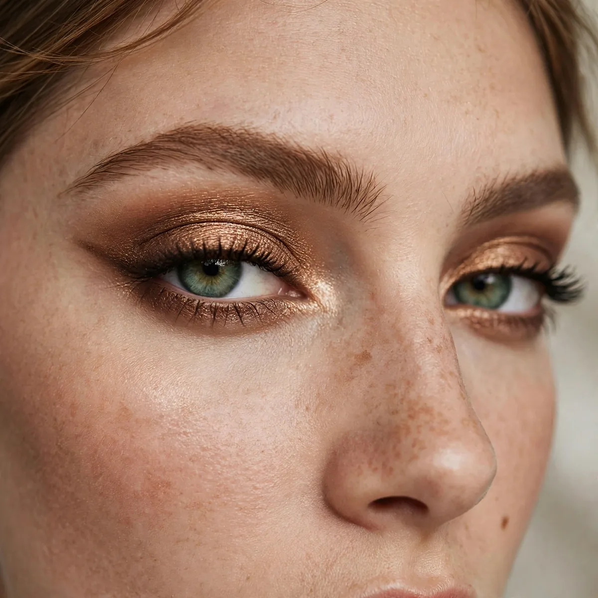 Green eyes with soft champagne shimmer eyeshadow for daytime