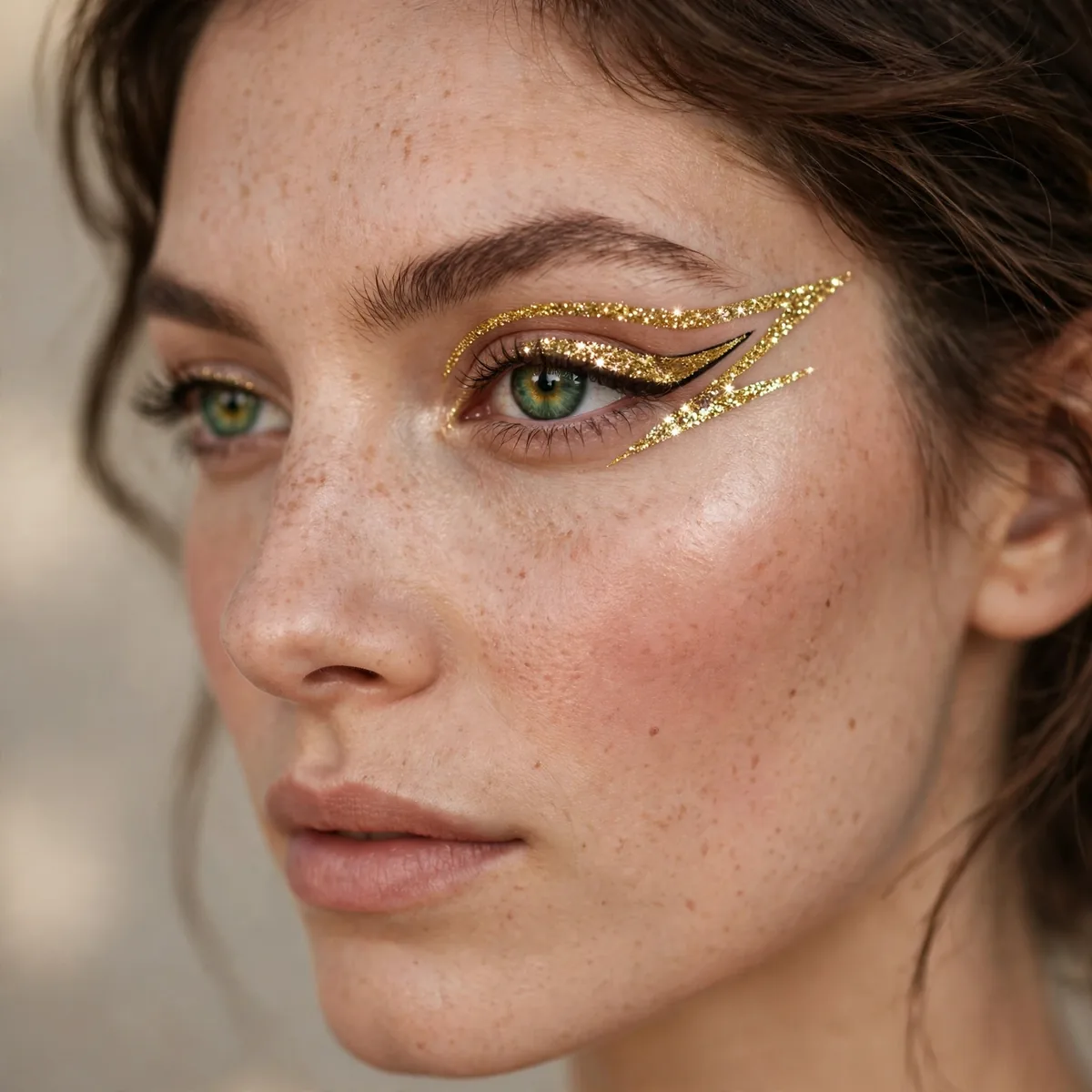Green eyes with minimal eye makeup and a bold berry lip