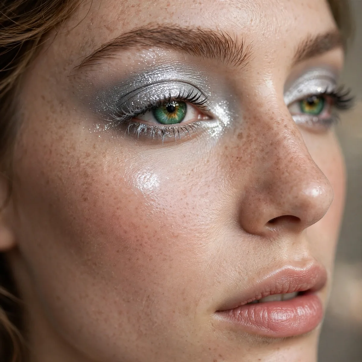 Green eyes with frosted silver eyeshadow accents