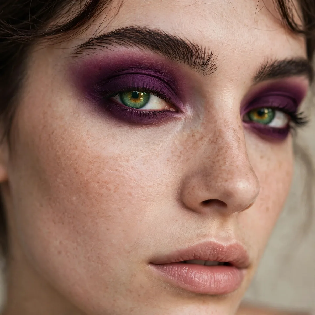 Green eyes with deep plum velvet eyeshadow