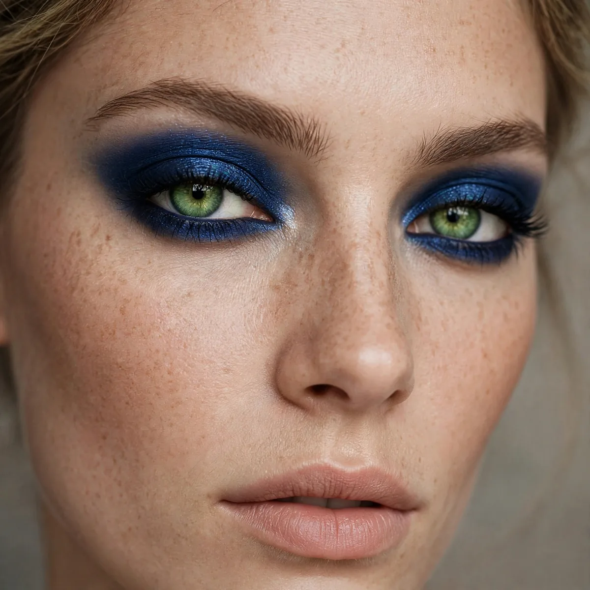 Green eyes with midnight blue eyeshadow contrast look