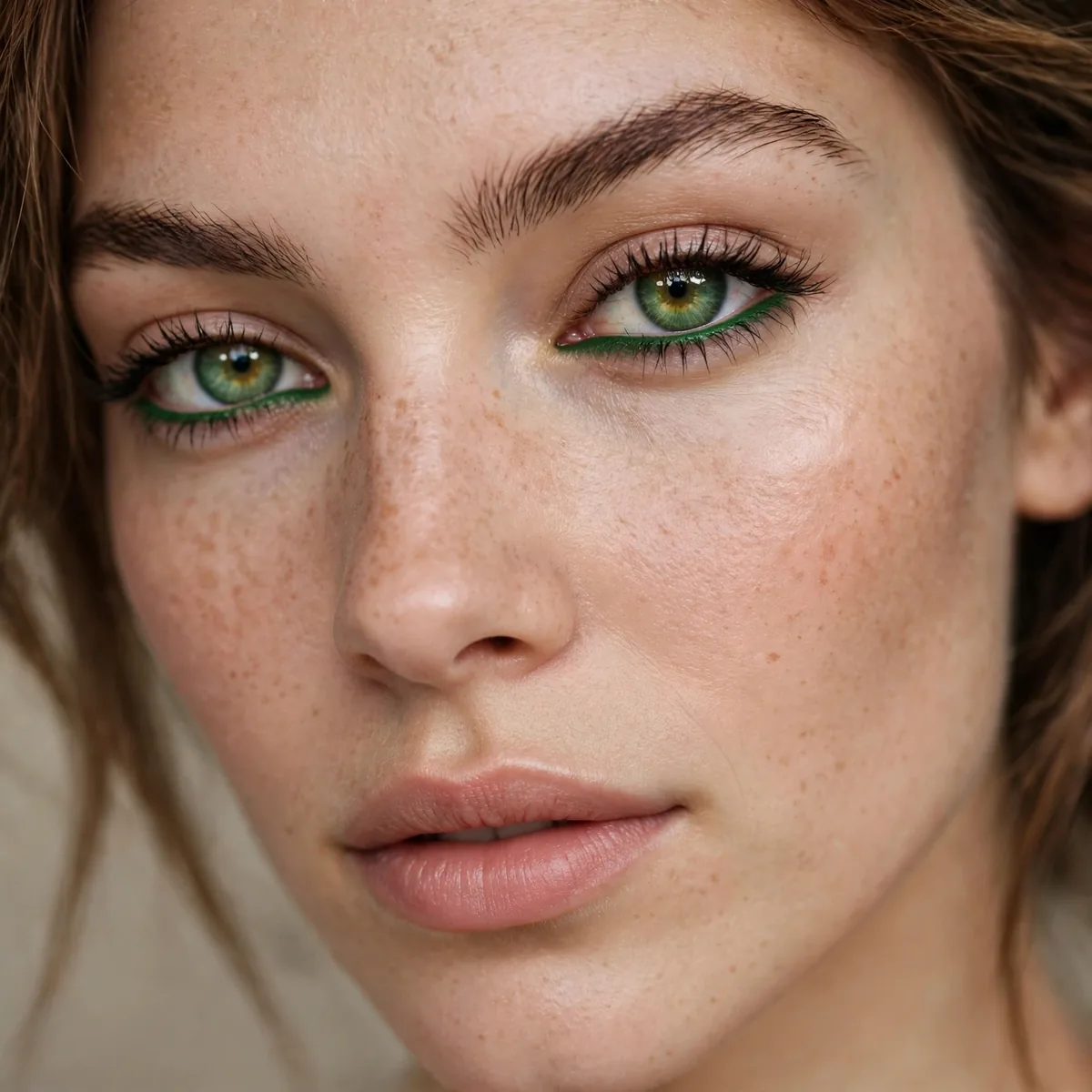 Green eyes with forest green eyeliner on lower lash line