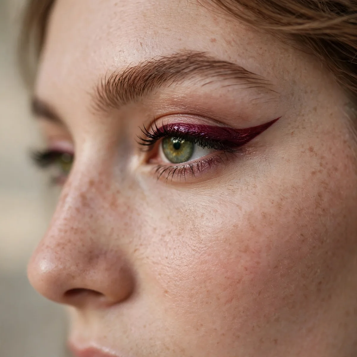Green eyes with burgundy winged eyeliner look