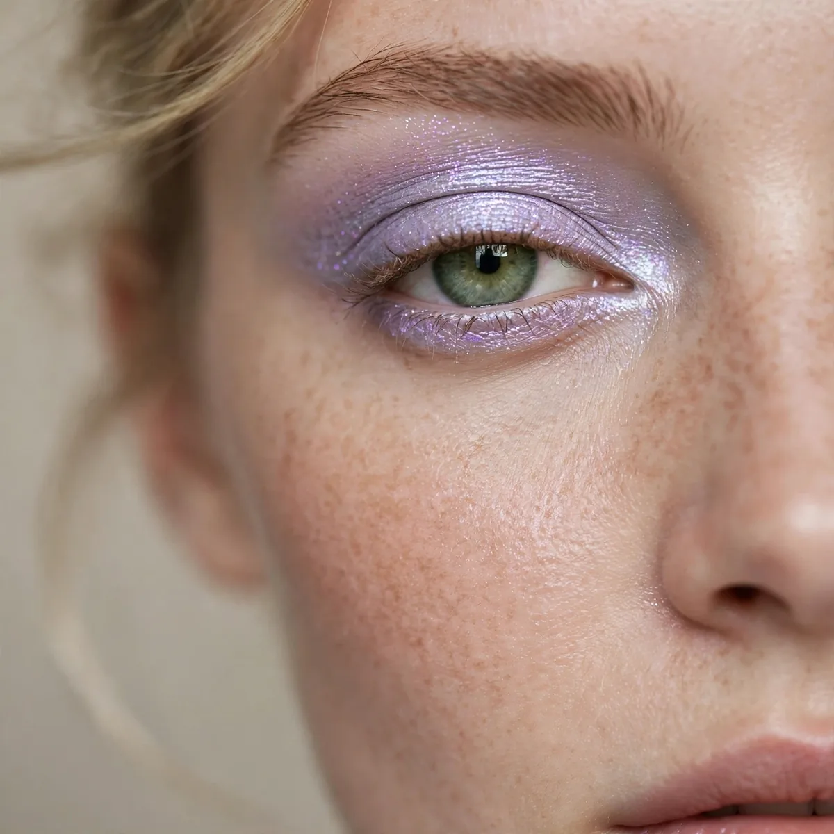 Green eyes with icy lilac shimmer eyeshadow
