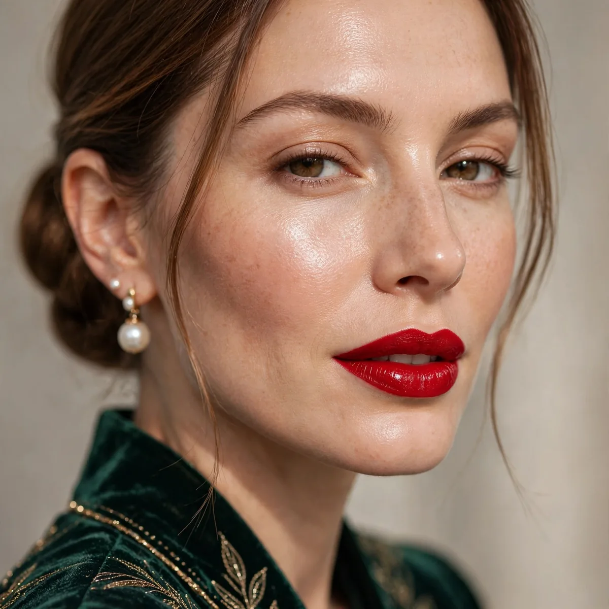 Red lip with glowing skin holiday