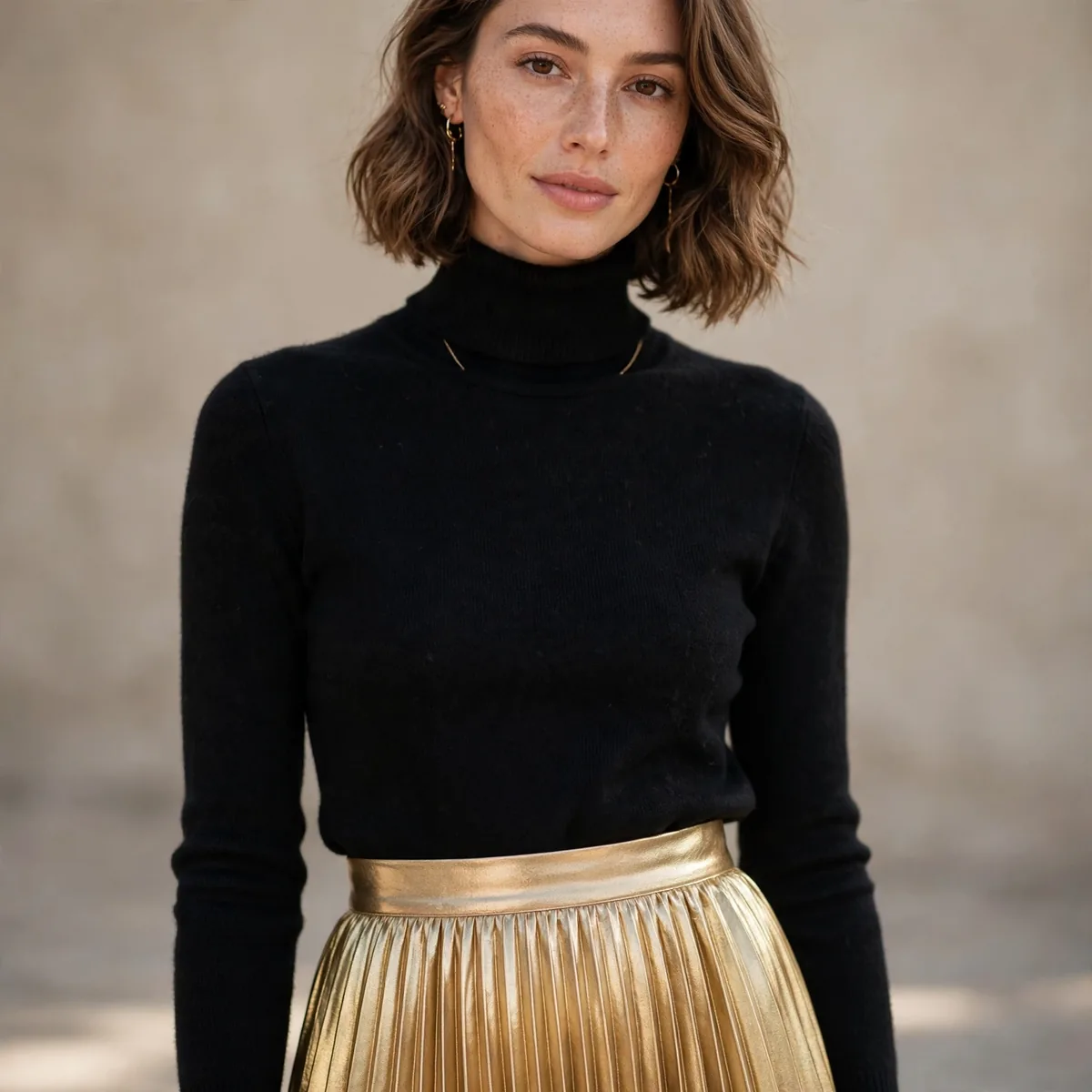 Gold metallic pleated midi skirt