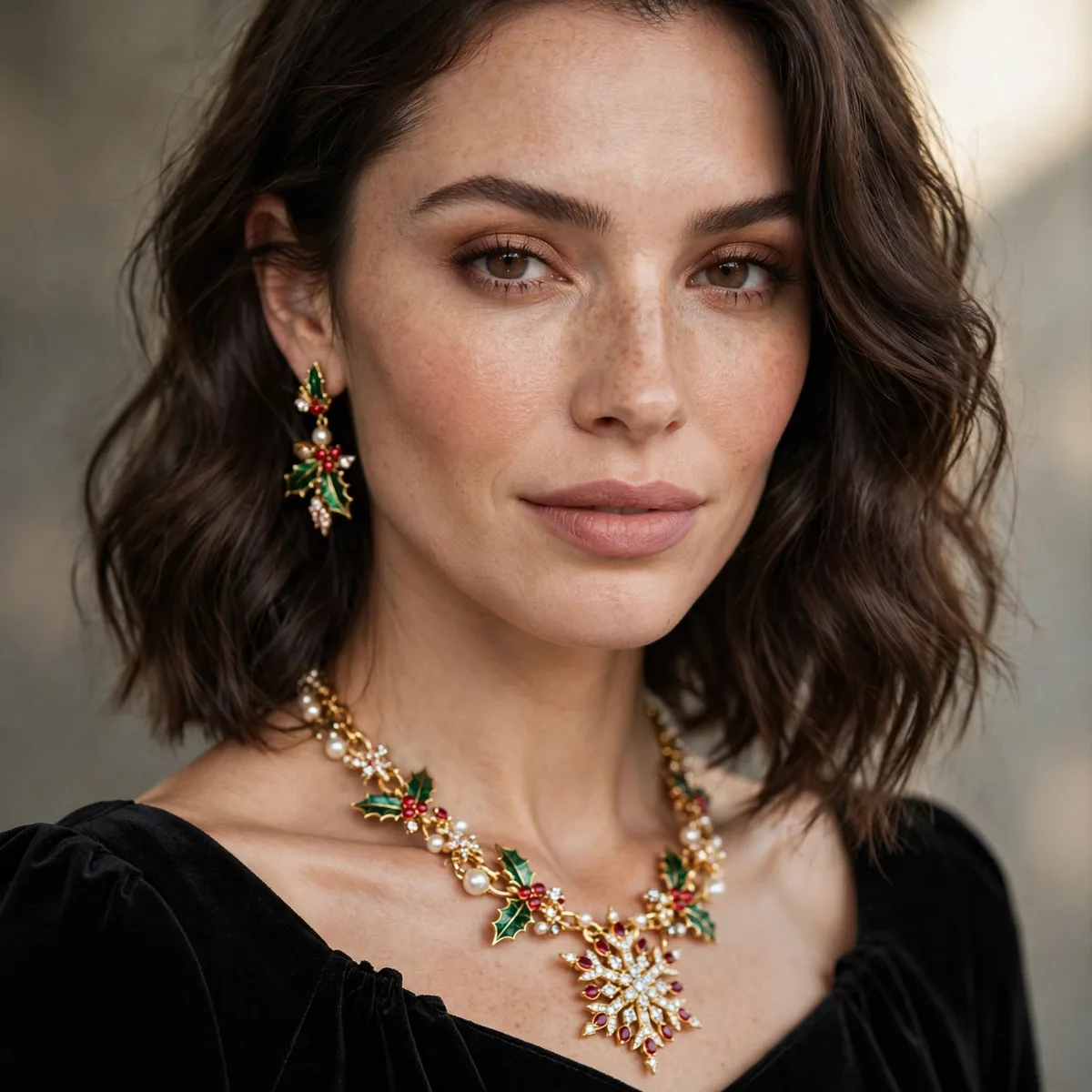Black dress with statement holiday jewelry