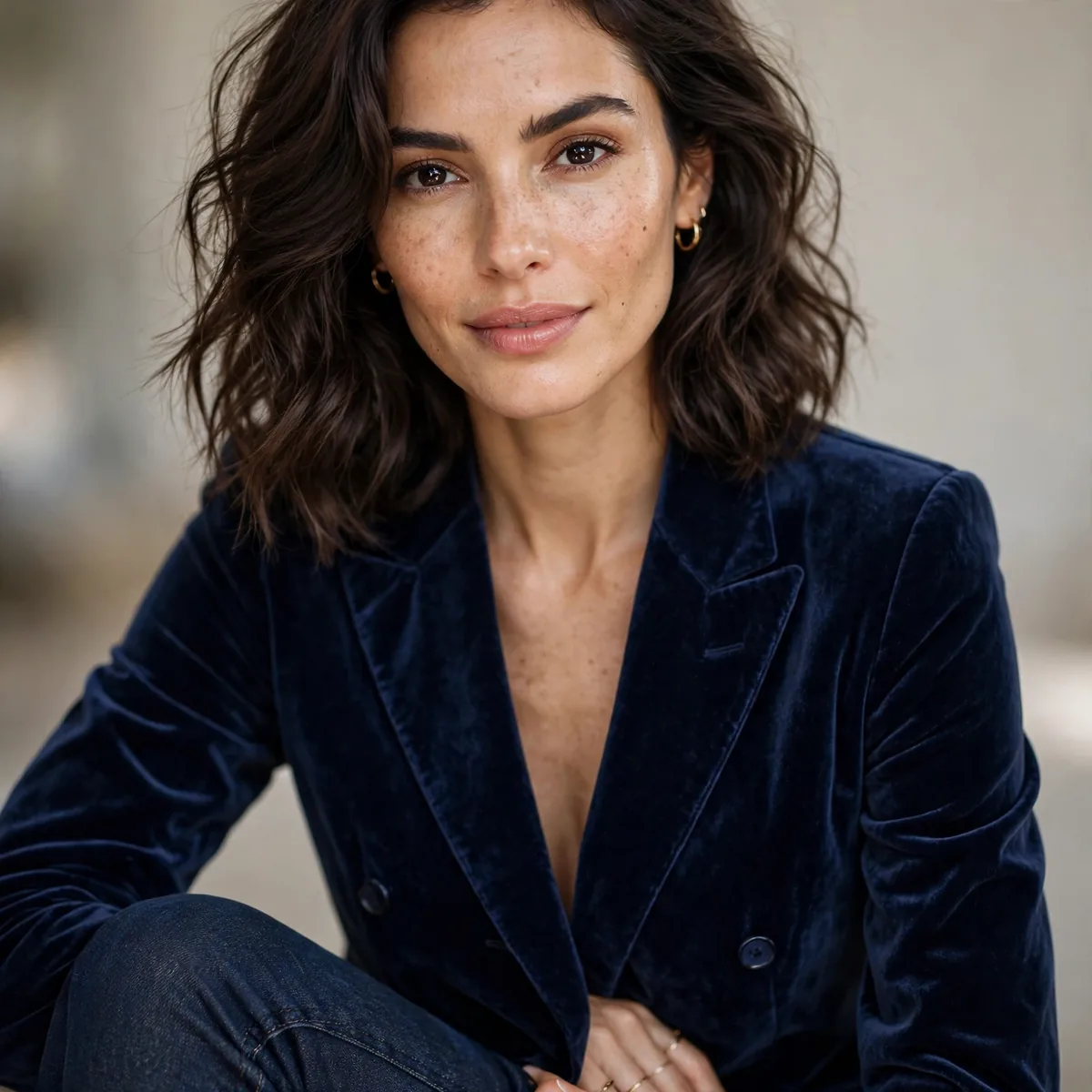 Navy velvet blazer with dark jeans
