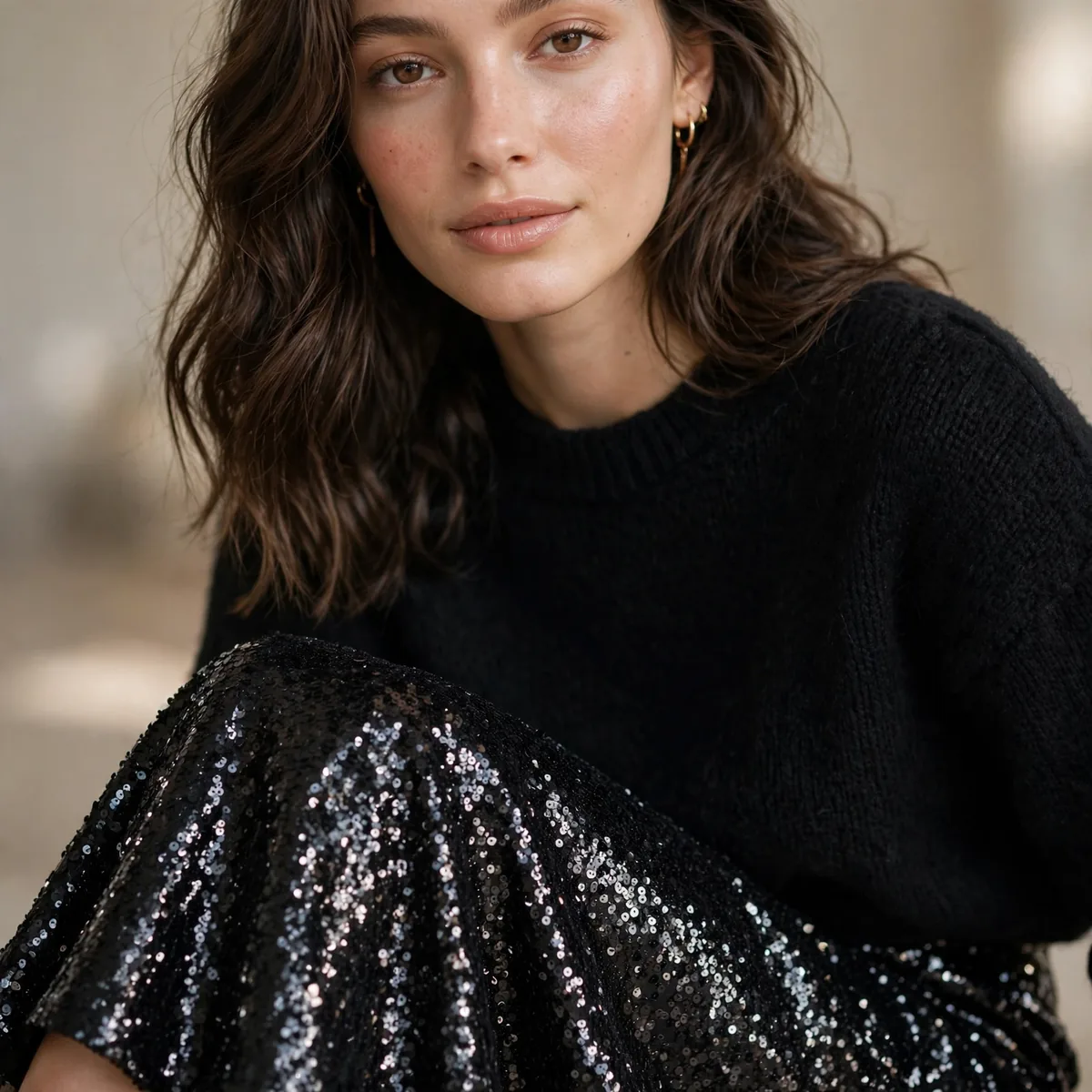 Black sequin midi skirt with sweater