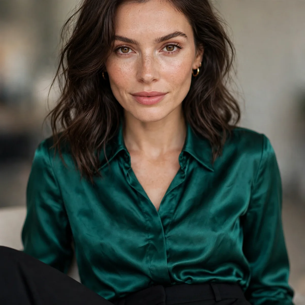 Emerald satin blouse with black trousers