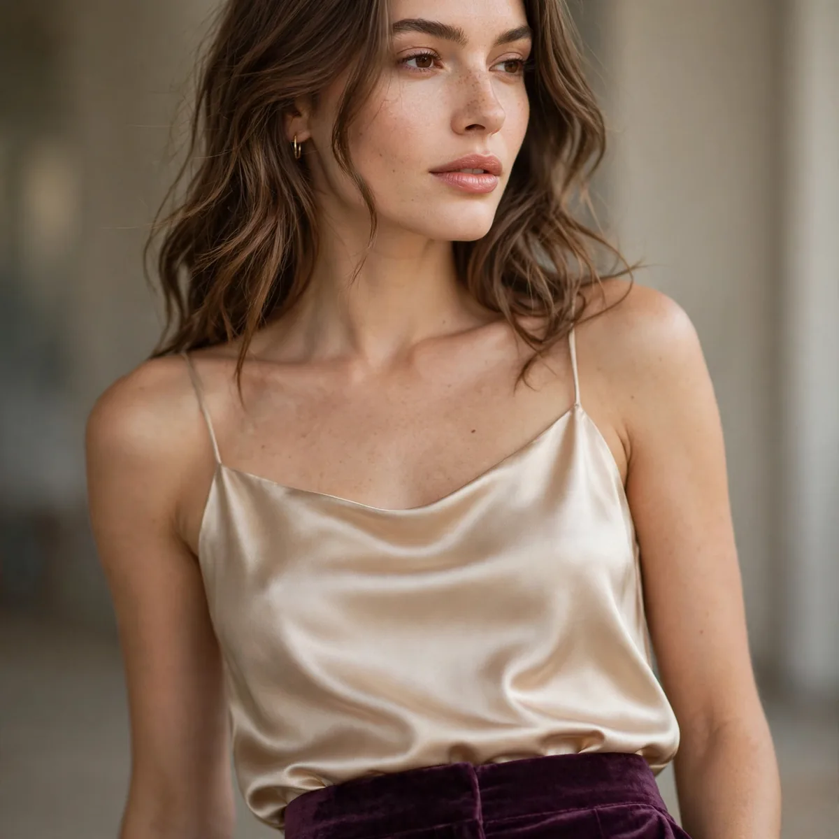 Plum velvet pants with champagne silk top