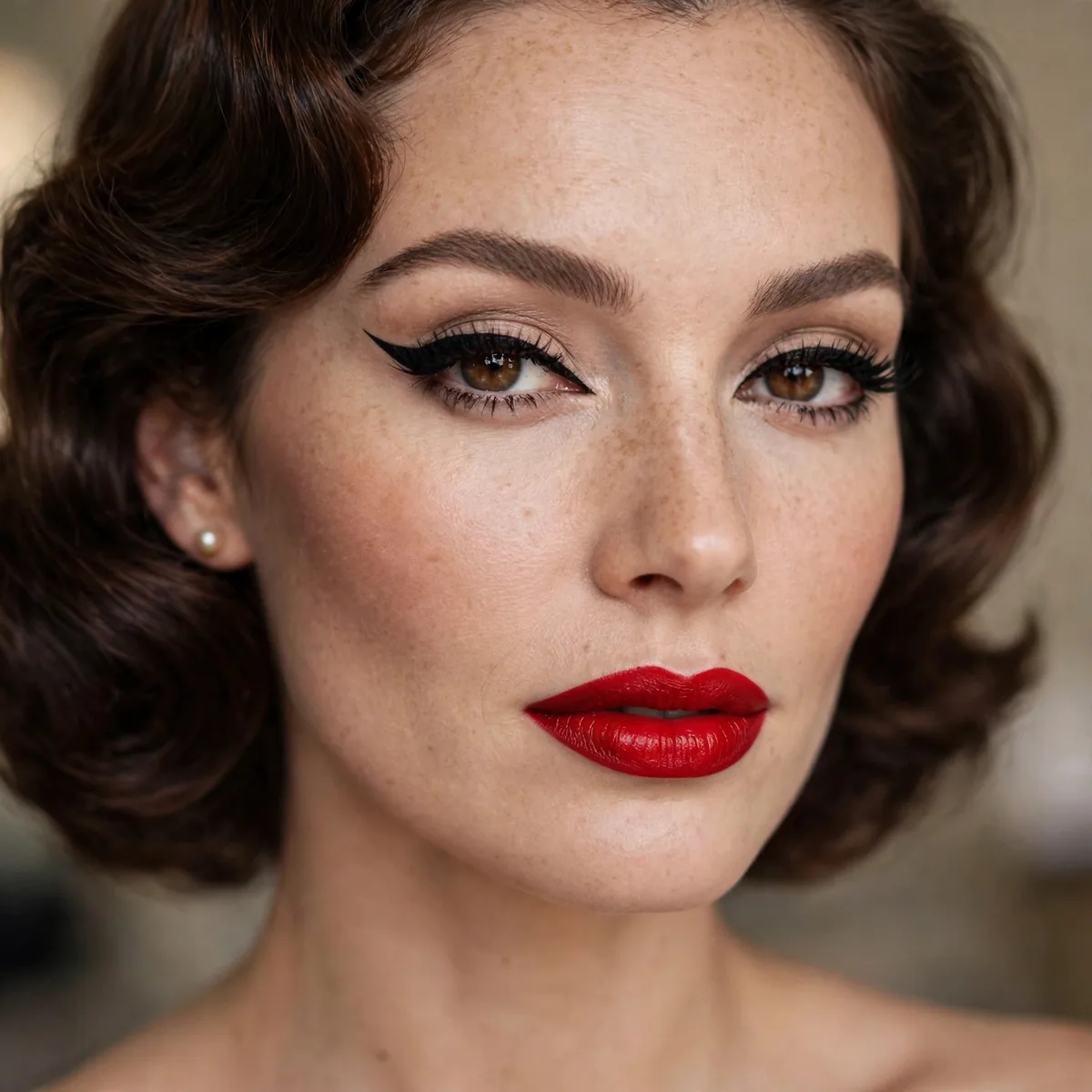 Classic Hollywood glam with red lipstick and black winged eyeliner