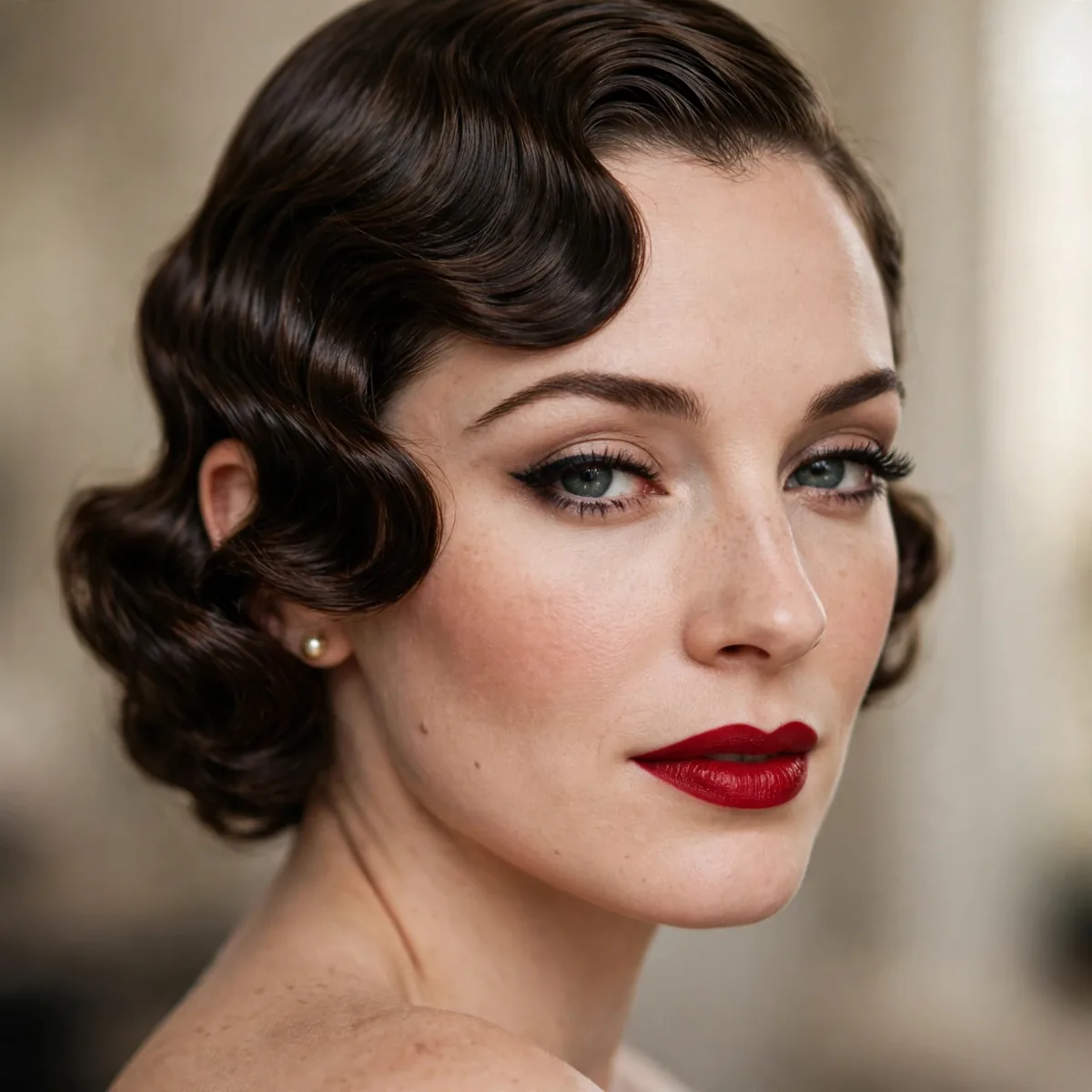 Vintage Hollywood glam makeup with finger waves hairstyle