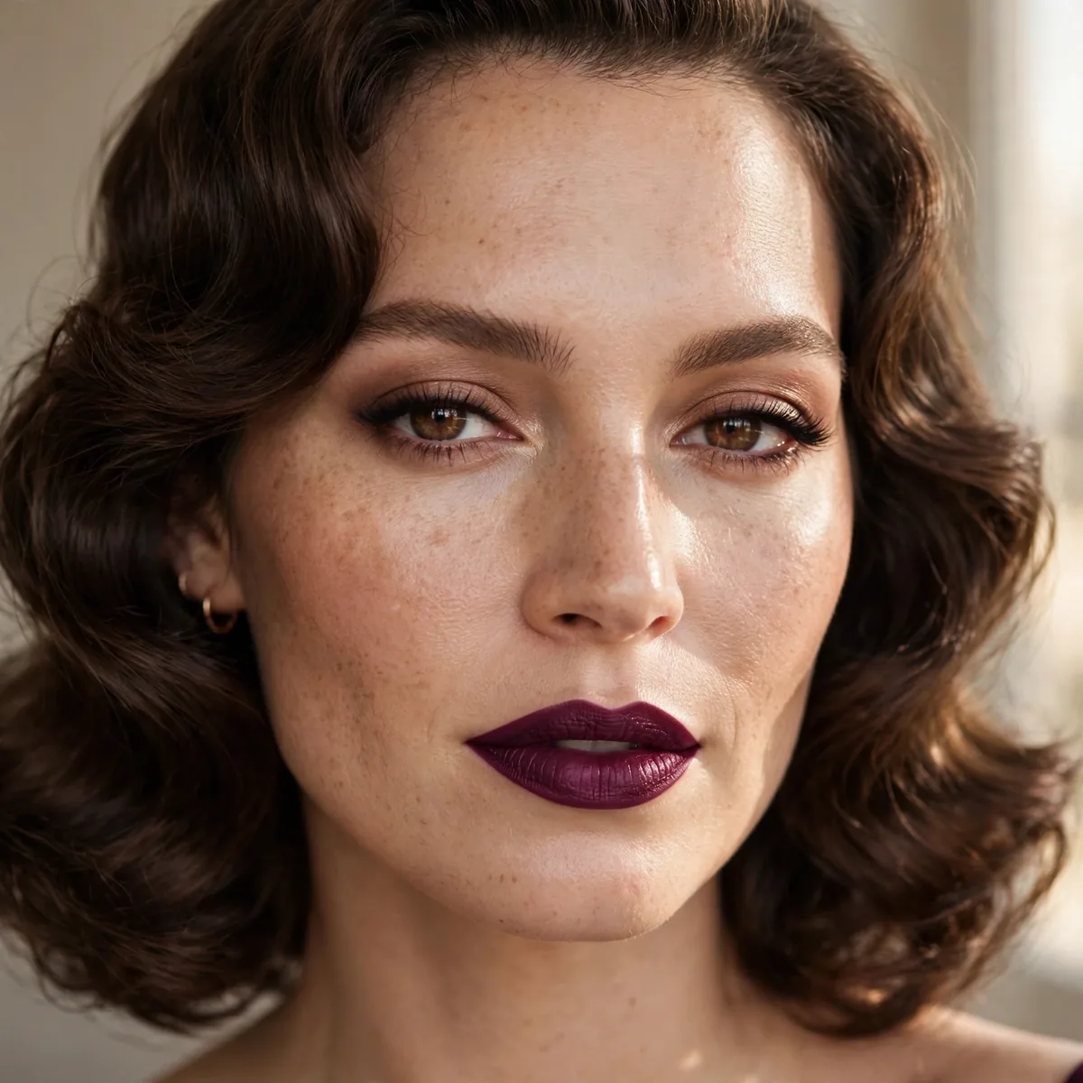Hollywood glam with deep plum lipstick