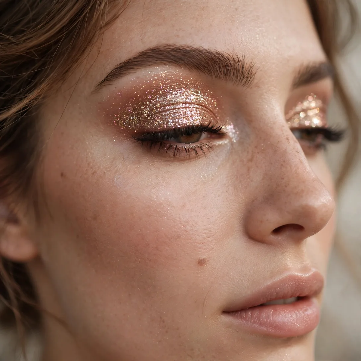 Glitter eyeshadow lid for Hollywood premiere glam