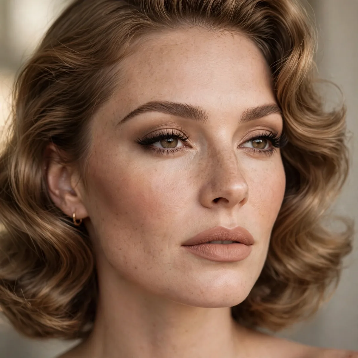 Timeless Hollywood glam with nude lip and contoured cheeks