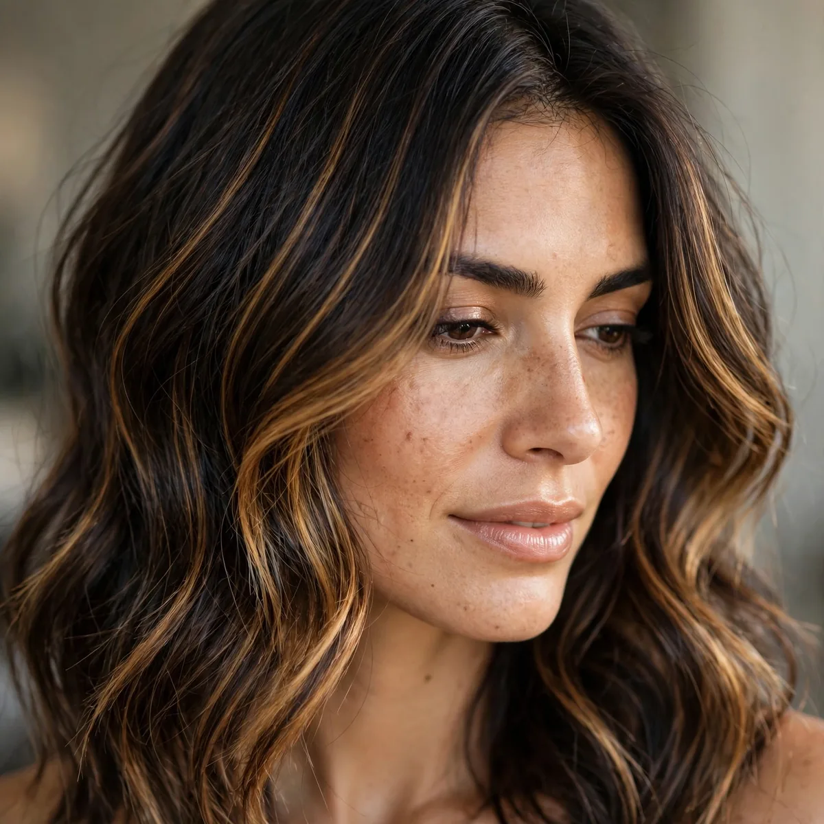 Honey balayage on dark brunette hair