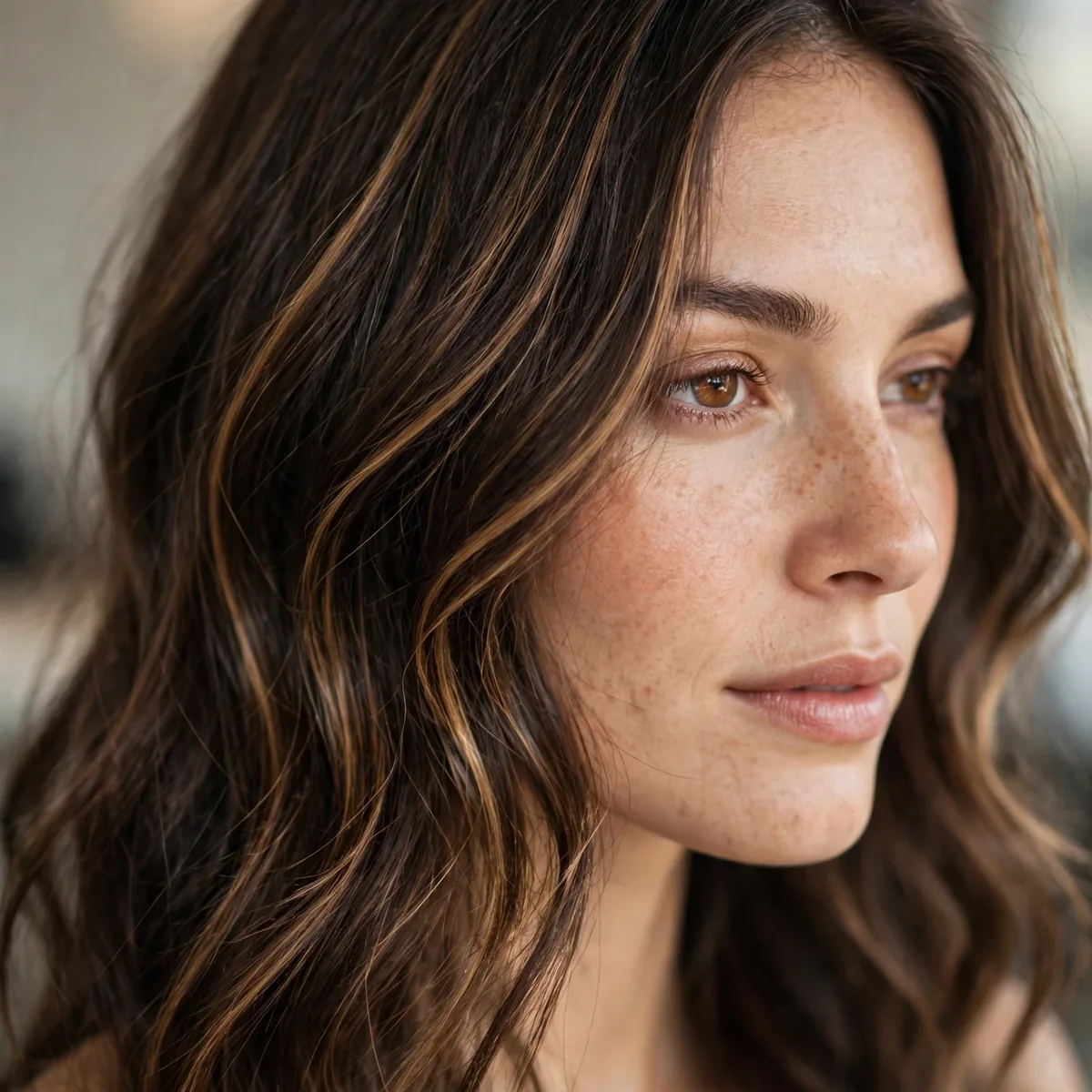 Subtle honey ribbons in brunette hair