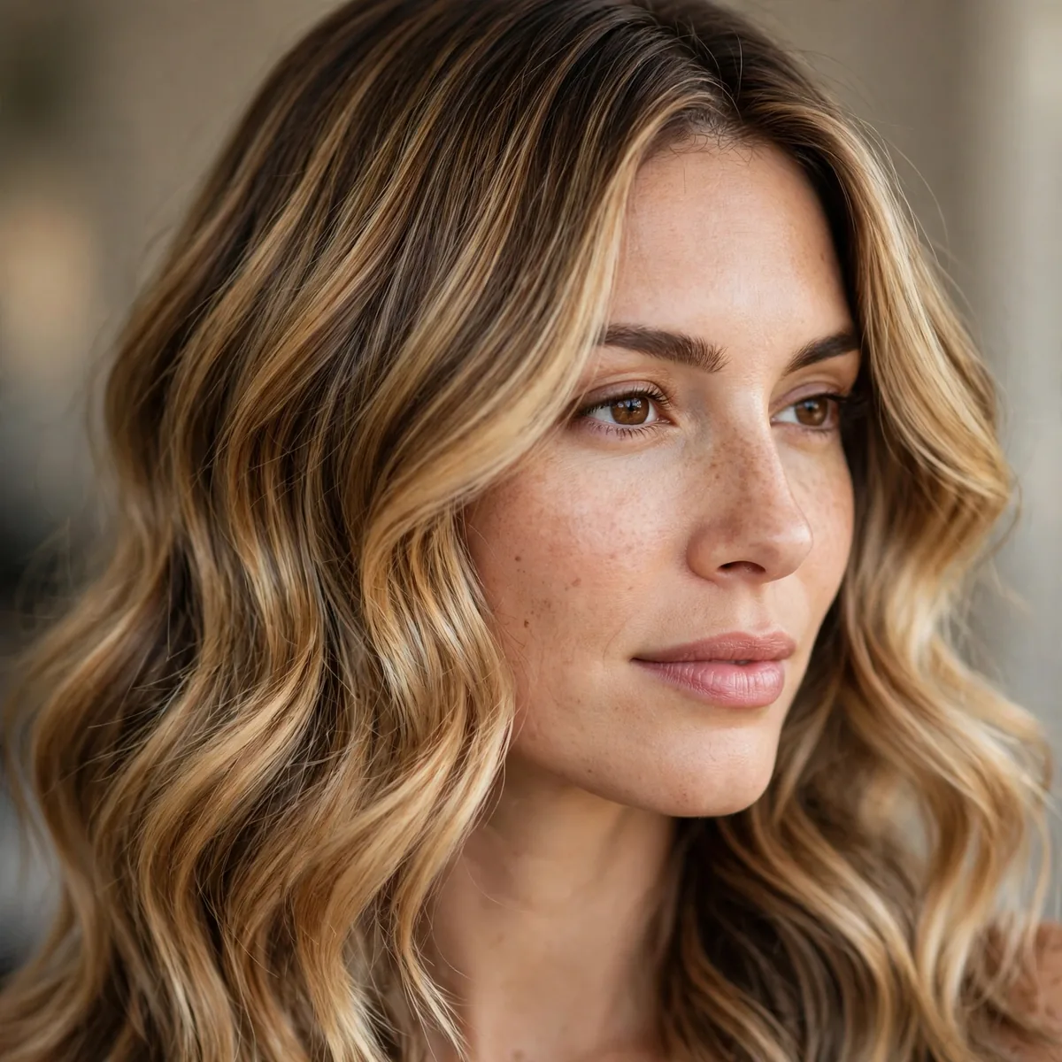 Honey balayage styled in soft waves