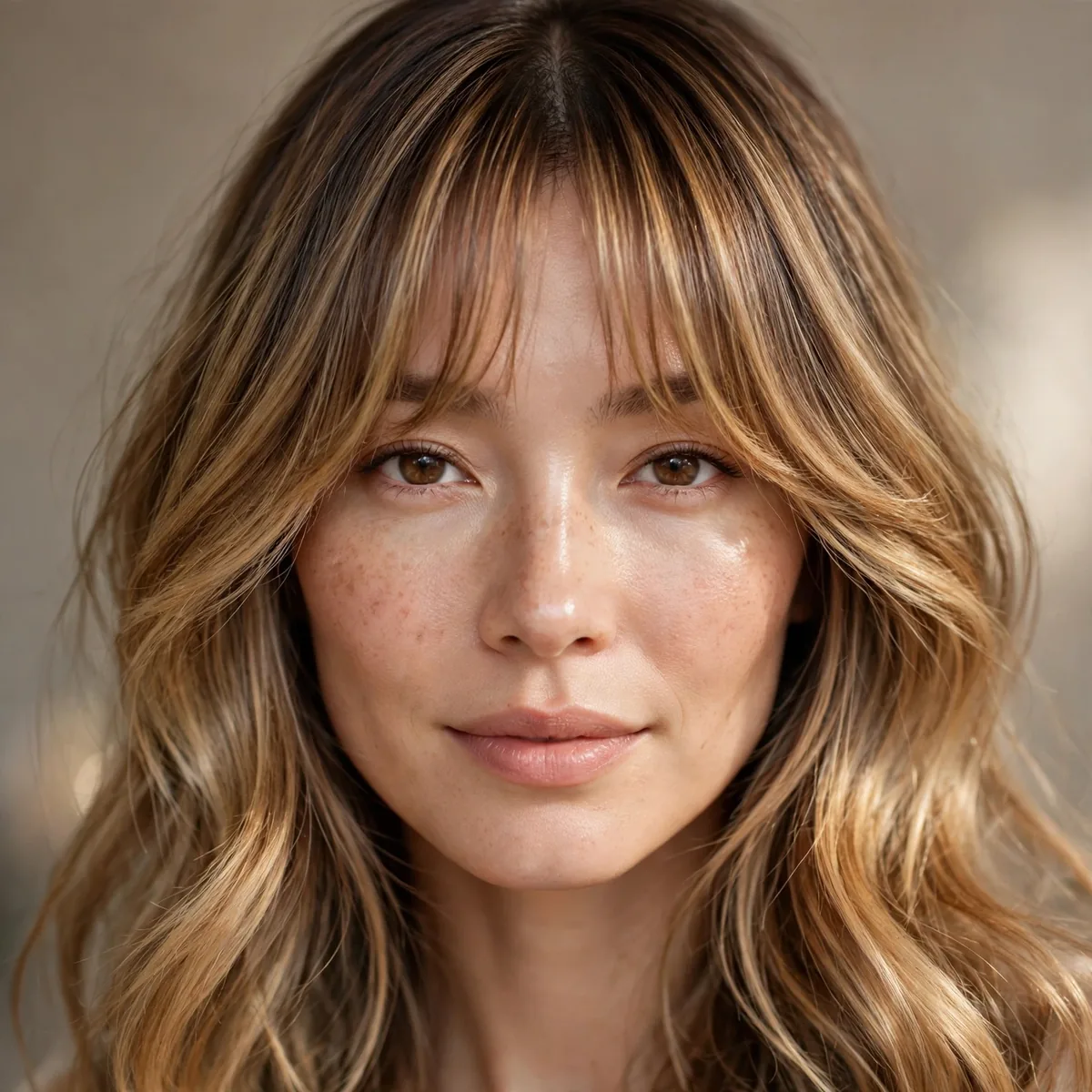 Honey balayage with curtain bangs